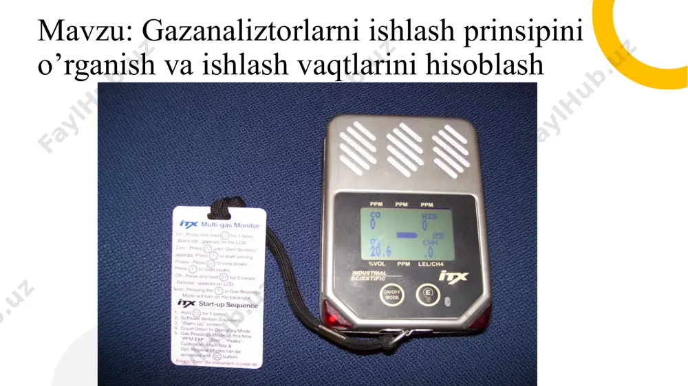 qo‘llaniladi. masalan, tabiiy gaz sizib chiqishini oldindan aniqlash uchun maishiy gaz detektorlari mavjud. 7. tibbiyot va bioximiya sohasida qo‘llash – tibbiyotda, masalan, nafas tarkibini aniqlash yoki anesteziya gazlarining konsentratsiyasini nazorat qilish uchun ishlatiladi. gazanalizatorlarning ishlash vaqti deganda, ularning o‘lchov natijalarini qay darajada tez va aniqlik bilan taqdim etishi tushuniladi. ushbu vaqt quyidagi asosiy parametrlar orqali baholanadi: 1. sensorlarning javob berish vaqti (response time, tr) bu gazanalizatorning maqsadli gazni aniqlash va uning konsentratsiyasini o‘lchash uchun kerak bo‘ladigan vaqti. sensor turiga bog‘liq holda bu vaqt millisekundlardan bir necha daqiqagacha bo‘lishi mumkin. masalan, elektrokimyoviy sensorlar odatda 30-60 soniyada javob beradi, infraqizil (ir) gaz detektorlari esa 1-5 soniyada ishlaydi. 2. gazanalizatorlarning ishlash vaqtlarini hisoblash. 2. analitik jarayon davomiyligi (ta) gazning tarkibini aniqlashda, natijalarni qayta ishlash va ko‘rsatishda ketadigan vaqt. optik yoki spektroskopik analizatorlar tezkor natijalar beradi (1-2 soniya), kimyoviy reaksiya asosidagi analizatorlar esa uzoqroq vaqt talab qiladi (bir necha daqiqa). 3. kalibrovka va tekshirish …