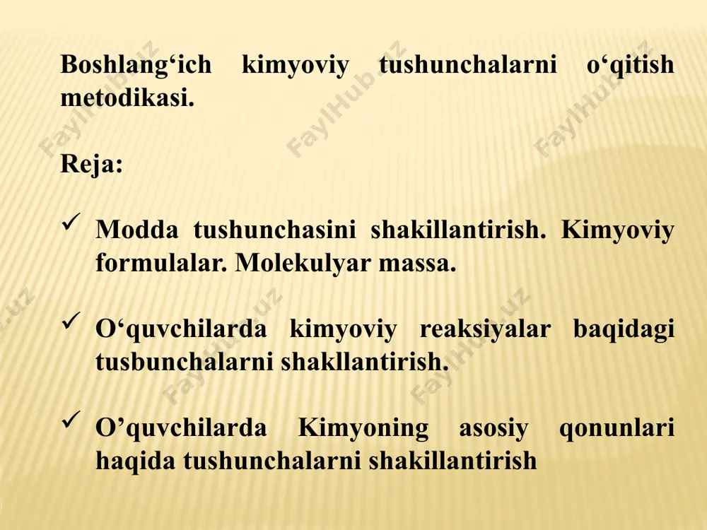 hart. dastavval modda tushunchasidan kelib chiquvchi «molekula» tushunchasi o‘rganiladi. «molekula» tushunchasining hozirgi zamon tasavvurlariga bir oz bo‘lsada, yaqinroq keladigan ta’rifini faqat antik muammodan keltirib chiqarish mumkin: moddaning bo‘linish chegarasi bormi yoki yo‘qmi? ha, bor: bu molekula. har bir moddaning molekulasi shu moddaning eng mayda zarrachasidir. bunday ta’rif mantiqiy jihatdan qat’iy bo‘lib, eng yaqin jinsni («shu moddaning zarrachasini») va birdan-bir zarur hamda yetarli bo‘lgan xususiy belgini («eng mayda»ni) ko‘rsatadi. moddaning tarkibiy zarrachalari o’quvchilarga sof va aralashmalarni ajratishning eng sodda va hayotiy usullari bilan o’quvchi ongida sof va aralash moddalar haqida tasavvur hosil qilish. sof modda bilan aralashmalarni xayotda ko’p uchraydigan moddalar va arlashmalardan bolalarga savol tashlab ularni ajratish orqali ular qiziqishi yanada ortadi. sof va aralash moddalar o’quvchilarda modda haqidagi tushunchalar shakillangandan so’ng uralni tarkidagi atomlar turuiga qarab oddiy va murakkab moddalarga ajratishni o’rgatish. bolalarga suv, qand, kislorod va hakozolarni aytib ularga oddiy murakkab moddalarni o’rgatish bolalarda qiziqish uyg’otadi. oddiy va …