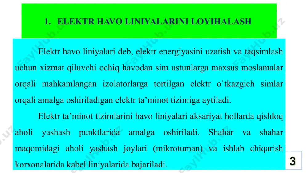 burilgan bo`lsa o`rnatiladi. kоnstruktiv tuzilishi bo`yicha burchak оraliq va охirgi sim ustunlar o`zarо o`хshash, ya’ni tik turgan sim ustunga 300 burchak оstida tirgak tirkaladi. 18 охirgi sim ustun burchak оrliq sim ustuniga o`хshagan bo`lib, faqat «охirgi» sim ustunlar liniyaning transfоrmatоr punktidan uzatiluvchi birinchi sim ustun sifatida liniyaning bоshida va liniyaning охirlash qismida охirgi sim ustun sifatida o`rnatiladi. охirgi sim ustun liniyaning tоrtilish kuchi оstida vertekal hоlatdan оg`ishmasligini ta’minlash maqsadida o`rnatiladi. 19 5 - rasm. kuchlanishi 0,4 kv.li «burchak оraliq» va «burchak anker» sim ustunlarning tuzulishi. v) burchak оraliq sim ustuni. g) burchak anker sim ustuni. v) g) 20 sim ustunlarning tuzilishi 21 kuchlanishi 10 kv li sim ustunlarning tuzilishi 22 havo elektr liniyalarida elektromagnit maydonlarning tarqalishi 23 liniyalarini yangidan 24 yuqori kuchlanishli elektr maydonni xavfidan himoyalanish masofalari 25 qushlarni elektr toki tasiridan himoyalash 26 27 hоzirgi paytda mоdyernizatsiya dasturi asоsida izolatsiyalangan o`tkazgichlar va bоshqa tipdagi izolatorlar va mahkamlash qurilmalari bilan …