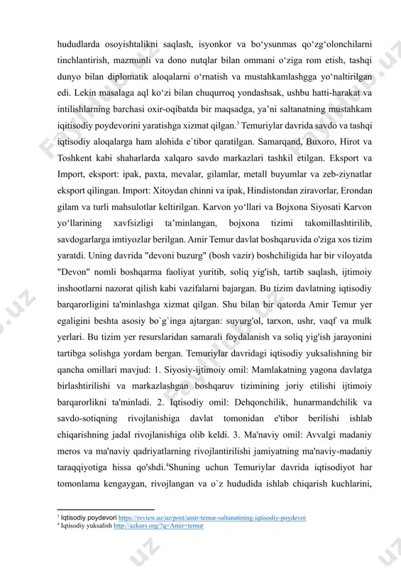 ravel/uz/o/buyuk-ipak-yoli] [2: hunarmandlar gildiyasi https://uz.cantonfair.net/tag/3312-guild-of-artists-artisans ] kalit so`zlar: buyuk ipak yo`li, hunarmandlar gildiyasi, suyurg'ol, tarxon, ushr, vaqf. kirish: buyuk temur tomonidan asos solingan imperiya dunyoning yirik imperiyalari orasida alohida o‘rin tutadi. sababi shundaki temuriylar davriga asos solgan amir temur dunyoning yettidan bir qismini egallagan bo`lsada u hech qachon to`g`ri yo`ldan adashmagan. bunga misol qilib shuni olishimiz mumkinki, amir temur qaysi hududni egallashidan qat`iy nazar hech qachon olimlar, hunarmandlar va dehqonlarga tegmagan chunki amir temur kelajakni ko`ra olgan. agar bu shaxslar tirik qoldirilsa, bular albatta davlatga o`z xizmatlarini va yosh avlodga davlatga bo`lgan mehr muhabbat tuyg`usini oshiradilar deb o`ylagan va bu esa to`g`ri bo`lib chiqdi. darhaqiqat, sohibqironnning asosiy fikrlari va intilishlari ulug‘vor imperiyani kengaytirish hamda mustahkamlash, davlatni boshqarish, keng hududlarda osoyishtalikni saqlash, isyonkor va bo‘ysunmas qo‘zg‘olonchilarni tinchlantirish, mazmunli va dono nutqlar bilan ommani o‘ziga rom etish, tashqi dunyo bilan diplomatik aloqalarni o‘rnatish va mustahkamlashgga yo‘naltirilgan edi. lekin masalaga aql ko‘zi bilan …