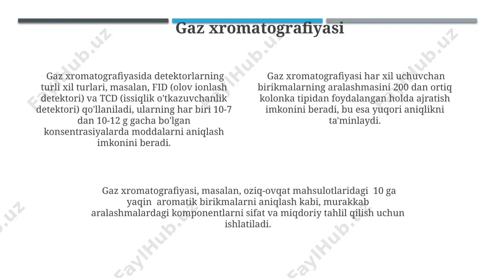 omatografiya (yqx) va qog'oz xromatografiyasi, stasionar faza sifatida qog'oz yoki yupqa qatlamli plastinkadan foydalanadi va odatda kichik miqdordagi namunalarni (mikrogramm darajasida) ajratish uchun ishlatiladi. yuqori samarali suyuqlik xromatografiyasi (yuqssx) yuzlab turdagi kolonkalar va detektorlar bilan 1 minutdan 1 soatgacha bo'lgan vaqt oralig'ida murakkab aralashmalardagi komponentlarni yuqori aniqlikda ajrata oladi. afinit xromatografiyasi ushbu usul yuqori darajadagi selektivlikka ega bo'lib, murakkab aralashmalardan 95% dan yuqori tozalikka ega bo'lgan maqsadli proteinlarni ajratish imkonini beradi. afinit xromatografiyasi ma'lum bir ligandlarni o'ziga bog'laydigan matritsadan foydalanadi, bu esa 10-100 kda oralig'idagi molekulalarning aniq ajratilishini ta'minlaydi. afinit xromatografiyasi fermentlar, antitellar va retseptorlar kabi biologik molekulalarni tozalashda keng qo'llaniladi, odatda 2-3 bosqichli tozalash jarayonini o'z ichiga oladi. ion almashinuvi xromatografiyasi ushbu usulda, masalan, suvda erigan 5-10 mg/l konsentrasiyadagi og'ir metall ionlarini aniqlash va ajratish uchun qo'llanilishi mumkin. ion almashinuvi xromatografiyasi turli zaryadli ionlarning stasionar faza bilan o'zaro ta’sirining farqiga asoslanadi va bu usulda 10 dan ortiq ionlarni ajratish …