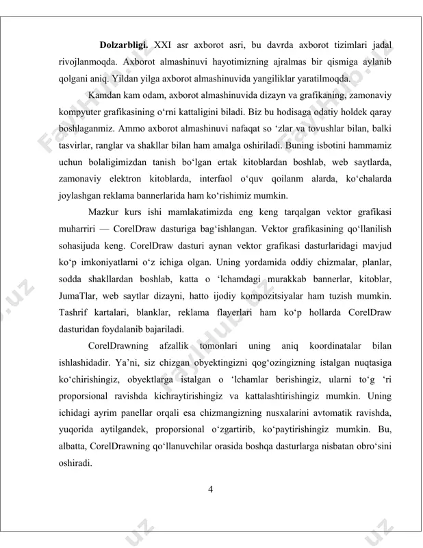 grafikasi va coreldraw dasturi haqida tushuncha 1.1 kompyuter grafikasi haqida tushuncha zamonaviy kompyuter texnologiyasida kompyuter grafikasi bilan ishlash eng ommabop yo`nalishlardan biri bo`lib bormoqda. hozirda bu yo`nalish bilan hatto professional rassom va dzaynerlar ham shug`ullanmoqda. kompyuter grafikasi - kompyuterdan foydalanish jarayonidagi eng mashhur yo`nalishlardan biri. kompyuter grafikasisiz har qanday zamonaviy multimediya dasturi ish yurita olmaydi. redaksiya va nashriyotlarda ko`pgina tasvir va bezak ishlari grafika dasturlari orqali amalaga oshiriladi. internetning rivojlanishi bilan esa grafik dasturlar keng qo`llanila boshlandi. kompyuter grafikasi – grafik displey ekranida tasviriy informatsiyani vizuallashtirish (“ko`rinadigan” qilish). tasvirni qog`ozda, fotoplyonka, kinolenta va boshqalarda aks ettirish usulidan farqli ravishda kompyuter grafikasida kompyuterda hosil qilingan tasvirni darhol o`chirib tashlash, unga tuzatish kiritish, istalgan yo`nalishda toraytirish yoki cho`zish, yaqinlashtirish va uzoqlashtirish, rakurenn o`zlashtirish, burish, harakatlantirish, rangini o`zgartirish va boshqa amallarni bajarish mumkin. kitoblarni bezash, rasm va chizmalarni tayyorlashda buyumlarni loyihalash va modellarini yasashda, telereklamalar yaratishda, televizion eshittirishlar “qistirmalari”ni, multfilmlar yaratishda, kinofilmlarda qiziqarli …
