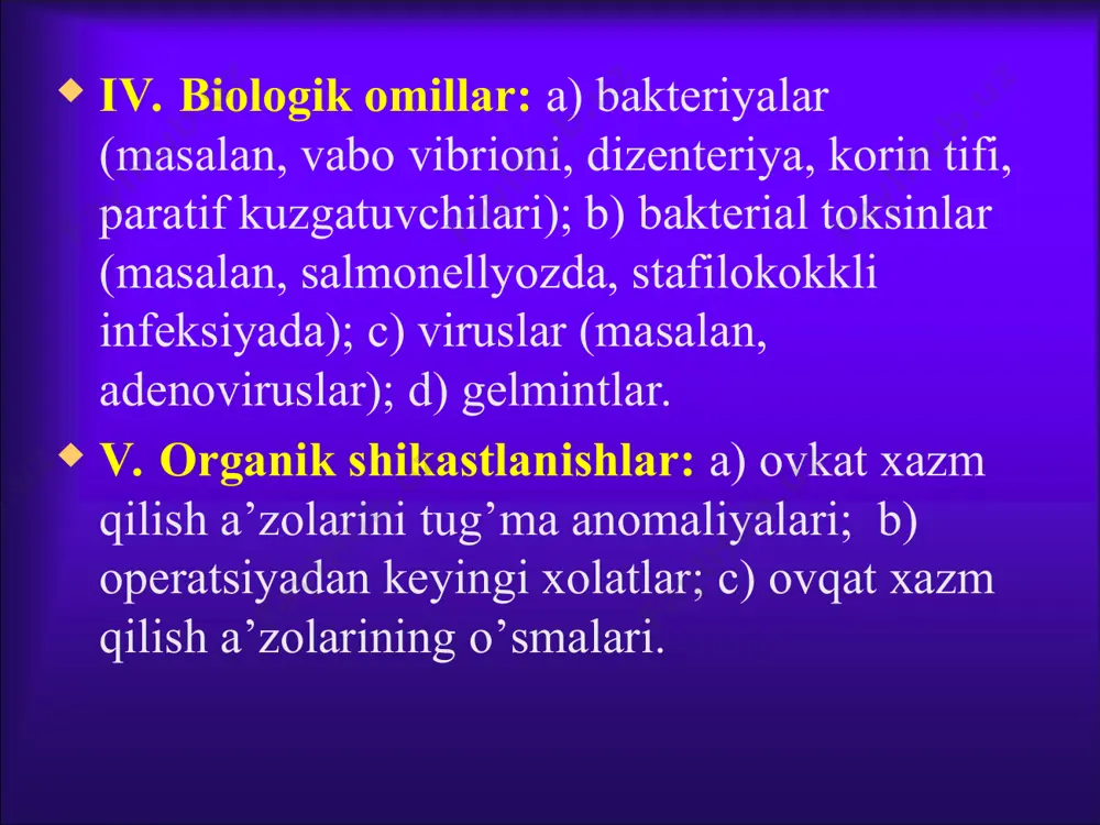 g ikkita turi farklanadi: gipertonik va gipotonik. gipertonik turi uchun me’da mushaklari tonusini oshishi (gipertoniya) va uni peristalьtikasini oshishi (giperkineziya) xarakterli. gipotonik variantiga gipotoniya va gipokineziya xarakterli. me’da xarakat funksiyasi buzilishining gipertonik turlarining sabablari: a) ovqatga tegishli ba’ziomillar (dagal ovqat, alkogol); b) me’da sekretsiyasini oshishi; c) adashgan nerv tonusining oshishi; d) gastrointestinal gormonlarni ta’siri (motilin). me’da gipertoniyasi va giperkineziyasi asoratlari: 1) me’dada ovqat maxsulotlarini uzok ushlanib qolishi me’da sekretsiyasini oshishiga va shillik kavatda yara rivojlanishiga olib keladi; 2) me’dani antiperistaltikasini rivojlanishi, dispeptik belgilarni paydo bulishi (kekirish, kungil aynish, qayt kilish). me’da xarakat aktivligi pasayishini sabablari: a) alimentar omillar (yog’li ovqatlar); b) me’da shirasi sekretsiyasini kamayishi (gipoatsid gastritlar); c) adashgan nerv tonusini pasayishi; d) me’da motorikasini pasaytiruvchi gastrointestinal gormonlarni ta’siri (gastroingibirlovchi peptid, sekretin); e) me’dani pilorik kismini olib tashlanishi; f) organizmni umumiy xolsizligi, xoldan toyish, gastroptoz. me’da yara kasalligi me’da yara kasalligini etiologiyasi xozirgi paytda oxirigacha o’rganilmagan. xavf guruxlariga kiradi: 1. …