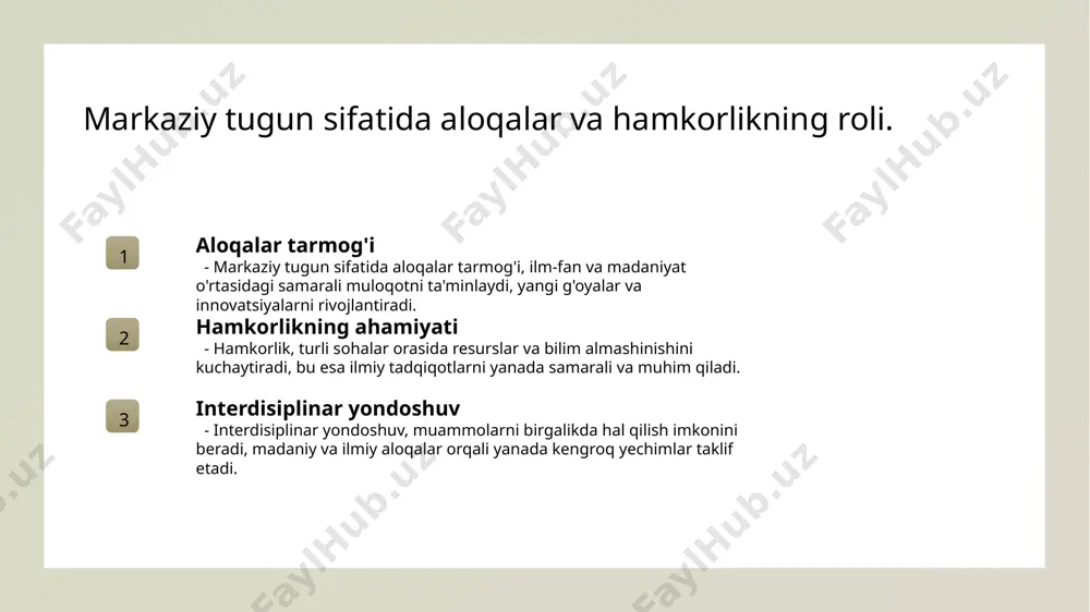 ish o'zaro hamkorlik, ilmiy resurslarni birlashtirish imkonini beradi. birgalikda ishlash, moliyaviy va material resurslarni tejash orqali yanada samarali natijalarga erishish imkonini yaratadi. kengaytirilgan tarmoq o'zaro aloqa, ilmiy tarmoqni kengaytiradi va yangi aloqalar o'rnatadi. bu, global miqyosda tadqiqotlar va madaniy almashuv uchun yangi imkoniyatlar yaratadi. madaniyatlararo muloqot va uning interdisiplinar tadqiqotlarga ta'siri. 1 madaniyatlararo muloqot madaniyatlararo muloqot, turli xalqlar o'rtasida bilim va tajriba almashishni kuchaytiradi, bu esa interdisiplinar tadqiqotlarga yangi g'oyalar kiritadi. 2 ilmiy hamkorlik madaniyatlararo muloqot ilmiy hamkorlikni rag'batlantiradi, tadqiqotchilar o'rtasida yangi metodologiyalar va yondashuvlarni sinab ko'rish imkonini beradi. 3 innovatsion yechimlar madaniyatlararo muloqot orqali olingan bilimlar, innovatsion yechimlarni yaratishda muhim rol o'ynaydi, bu esa interdisiplinar tadqiqotlar uchun foydali hisoblanadi. o'zbekistonda interdisiplinar tadqiqotlar uchun imkoniyatlar va chaqiruvlar. o'zbekistonning afzalliklari ilmiy hamkorliklar chaqiruvlar va to'siqlar o'zbekiston, o'zining boy madaniyati va tarixiy merosi bilan, interdisiplinar tadqiqotlar uchun yirik imkoniyatlarni taklif etadi. o'zbekiston, xalqaro ilmiy hamkorliklarni rivojlantirish orqali tadqiqotlar sifatini oshirish va innovatsiyalarni …