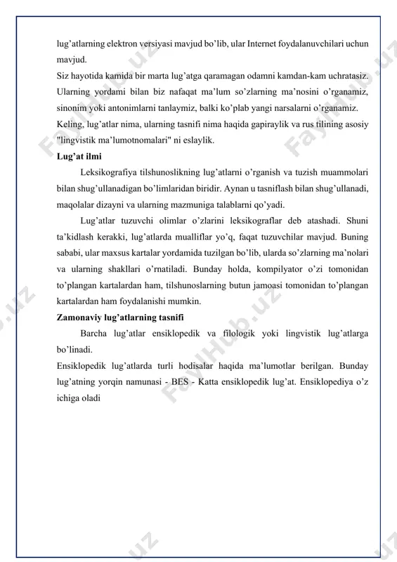 guruhlarga bo’linadi. lug’atlarning eng ko’p qo’llaniladigan turlari lug’atlarning qanday turlari mavjud? bir tilli lug’atlar orasida quyidagilarni ajratib ko’rsatish kerak: rus tilining mashhur lug’atlari keling, rus tilining lug’atlari nima ekanligini muhokama qilaylik. · eng mashhuri - taniqli olim v. i. dahl tomonidan tuzilgan "tirik buyuk rus tilining izohli lug’ati". ushbu qo’llanma taxminan 200 ming so’zni o’z ichiga oladi. u allaqachon bir asrdan ko’proq vaqt o’tganiga qaramay, u bizning davrimizda eng to’liq va ishlatilganlaridan biri hisoblanadi. · yana bir taniqli tilshunos s.i. ozhegov tomonidan tuzilgan ikkinchi muhim "izohlovchi lug’at". · orfoepik lug’at ikki xil tilshunos - r. i. avanesov va i. l. reznichenko tomonidan nashr etilgan. ikkala lug’at ham ta’sirchan so’zlarga ega va nafaqat maktab o’quvchilari va talabalar uchun foydali bo’ladi. · shuningdek, z. e. aleksandrovaning "sinonimlar lug’ati" va l. a. vvedenskaya tahrir qilgan "antonimlar lug’ati" ni ham qayd etamiz. lug’at yozuvining tuzilishi har qanday lug’at yozuvi sarlavhali so’z bilan boshlanadi, u …