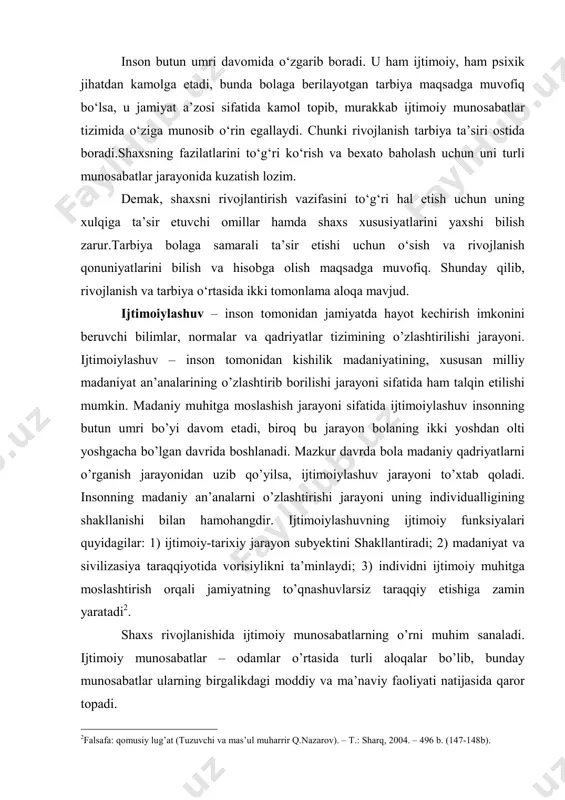 atdir. bola shaxsining rivojlanishi inson ijtimoiy mavjudotdir degan falsafiy ta’limotga asoslanadi. ayni vaqtda inson tirik, biologik mavjudot hamdir. demak, uning rivojlanishida tabiat rivojlanishining qonuniyatlari ham muhim ahamiyatga ega. shuningdek, shaxs bir butun mavjudot sifatida baholanar ekan, uning rivojlanishiga biologik va ijtimoiy qonuniyatlar birgalikda ta’sir etadi, ularni bir- biridan ajratib bo‘lmaydi. chunki shaxsning faoliyati, hayot tarziga yoshi, bilimi, turmush tajribasi bilan birga boshqa fojiali holatlar, kasalliklar ham ta’sir etadi. inson butun umri davomida o‘zgarib boradi. u ham ijtimoiy, ham psixik jihatdan kamolga etadi, bunda bolaga berilayotgan tarbiya maqsadga muvofiq bo‘lsa, u jamiyat a’zosi sifatida kamol topib, murakkab ijtimoiy munosabatlar tizimida o‘ziga munosib o‘rin egallaydi. chunki rivojlanish tarbiya ta’siri ostida boradi.shaxsning fazilatlarini to‘g‘ri ko‘rish va bexato baholash uchun uni turli munosabatlar jarayonida kuzatish lozim. demak, shaxsni rivojlantirish vazifasini to‘g‘ri hal etish uchun uning xulqiga ta’sir etuvchi omillar hamda shaxs xususiyatlarini yaxshi bilish zarur.tarbiya bolaga samarali ta’sir etishi uchun o‘sish va rivojlanish qonuniyatlarini …