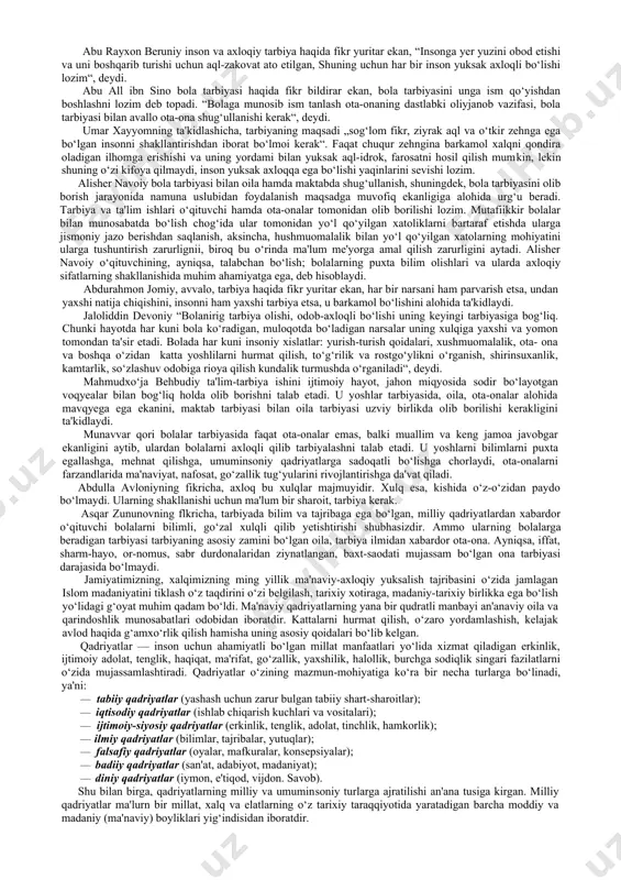 ida kuzatish mumkin. ijtimoiylashuv (sotsializatsiya) esa odam mohiyatini go‘daklikdan boshlab kamolatga erishuv tomonga o‘zgartira boradi. inson o‘zining ijtimoiy-madaniy rivojlanishi jarayonida ajdodlarining milliy qadriyatlarini ijodiy o‘zlashtiruvchi, zamoniylashtiruvchi, boyituvchi va o‘zgartiruvchidir. ana shu insoniy burchlarning har bir shaxs tomonidan mukammal bajarilishi ijtimoiy taraqqiyotning boy, rang-barang madaniy oqimlarini hosil qiladi, saqlab turadi. shu nuqtai nazardan, har bir inson o‘zida tarixiy, ijtimoiy, madaniy-milliy ko‘rsatkichlarni mujassamlashtiruvchi tarbiya mahsulidir. turli xalqlarning bir-birlarini tanishida, bilishida, bilvosita va bevosita millatlararo muloqotlarda insonning milliy jihatlari alohida qiziqish uyg‘otgan. qadim zamonlarda ham tarixchilar, sayyohlar, qomusiy bilimga ega mutafakkirlar (ibn batuta, strabon, abu rayhon beruniy, mikluxo maklay, lui gonsales de klavixo, hyerman vamberi va boshqalar) qoldirgan asarlar, ijtimoiy-falsafiy, axloqiy ta'limotlarda ham boshqa xalqlar hayotini qiyosiy o‘rganish yo‘nalishi mavjud edi. xix asrga kelib g‘arb ijtimoiy fanlarida boshqa xalqlar milliy-madaniy xususiyatlarini tadqiq, qiluvchi kulturantropologiya va sotsiologiya yo‘nalishlari maxsus fanlarga aylandi. bu fanlar «boshqa dunyo kishisi» muammosini o‘rgana boshladi. aslida esa bu – boshqacha …