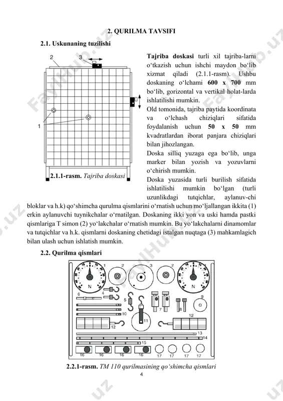 r: (3.2) ifodalardan aniqlanadi. bunda, chiqqan natijalarning musbat absolyut qiymatlarini olamiz va o‘rtacha absolyut xatoni quyidagi ifodadan topamiz: . (3.3) o‘rtacha absolyut xatolik ning o‘lchanayotgan kattalikning o‘rtacha qiymati ga nisbati, o‘lchashlardagi o‘rtacha nisbiy xatolik () deyiladi. nisbiy xatoliklar, odatda, foizlarda o‘lchanadi: (3.4) o‘lchanayotgan kattaliklarning nisbiy xatoligi 5-10% dan oshib ketmasligi kerak. o‘lchanayotgan kattalikning tajribalarda aniqlangan qiymati, uning (jadvaldagi) haqiqiy qiymatidan keskin farq qilmasligi kerak. 4. tajribalar laboratoriya ishi №1 ta’sir chiziqlari bir nuqtada kesishuvchi kuchlar sistemasining muvozanati ishning maqsadi: statikaning asosiy tushunchalari, aksiomalari, bog‘lanishlar va ularning turlari, bir nuqtada kesishuvchi kuchlar sistemasi va ularning muvozanat shartlarini o‘rganish. kerakli asboblar: statika asoslari uchun (tm 110) laboratoriya qurilmalari nazariy qism bir nuqtada kesishuvchi kuchlar sistemasi muvozanatda bo‘lishi uchun berilgan kuchlar sistemasining teng ta’sir etuvchisi nolga teng bo‘lishi zarur va yetarli, ya’ni . (4.1.1) to‘g‘ri burchakli oxyz dekart koordinatalar sistemasini tanlab, (4.1.1) tenglamani koordinata o‘qlariga proyeksialaymiz, natijada uchta skalyar tenglamalar sistemasini hosil qilamiz, …