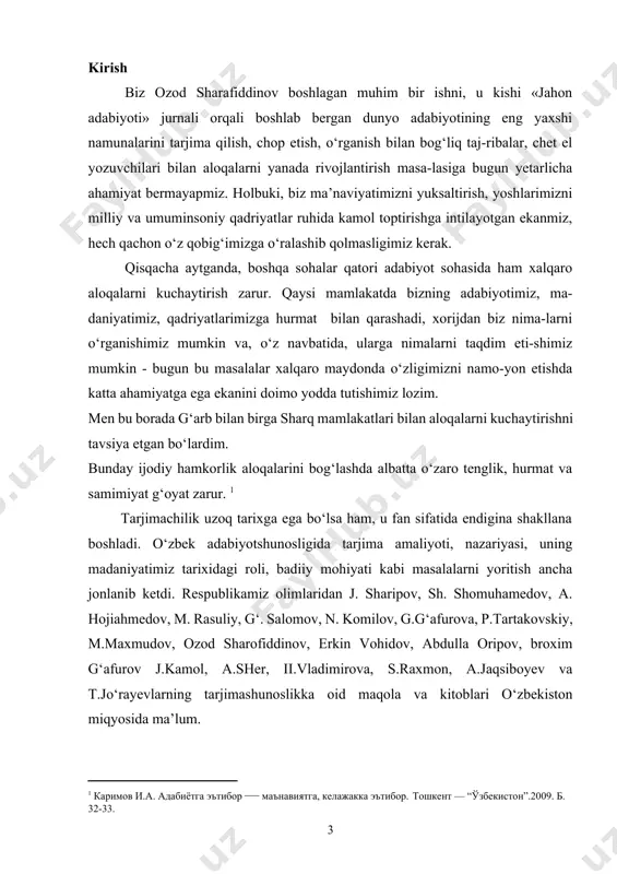 m nomidagi adabiyot va san’at nashriyotida «tarjima san’ati», toshdu va o‘zfa til va adabiyot institutida badiiy tarjima masalalariga oid maqolalar to‘plamlari muntazam chiqib turibdi. qisqa muddat ichida «fan» nashriyotida «tarjima mahorati» (g‘. salomov, n. komilov, 3. salimova, k. jo‘rayev, n. otajonov, 1979), g‘. salomovning «adabiy an’ana va badiiy tarjima» (1980), g‘afur g‘ulom nomidagi adabiyot va san’at nashriyotida g‘. salomov na n. komilovning «do‘stlik ko‘priklari» (1979) t.jo‘rayevning “tarjima san’ati” (1985) kitoblari va monografiyalari bosilib chiqdi. lekin hali qilinadigan ishlar benihoya. birinchi va eng muhim masalani quyidagicha ta’riflash mumkin. birinchisi - k. chukovskiy boshlab bergan va a. m. gorkiy ma’qullagan badiiy tarjima nazariyasi, ikkinchisi - o‘sha yillarda k. chukovskiy bilan hamkorlikda, keyinchalik alohida yaratilgan a. fedorovning tarjimaning lingvistik nazariyasidir. birinchi nazariya diqqat-e’tiborida badiiy tarjima estetikasi, tarjimaning san’at, so‘z san’atining bir ko‘rinishi ekanligi muammosi tursa, ikkinchisida tarjima umumiy tilshunoslik, leksikologiya, grammatika, ayrim tillar stilistikasi bilan bog‘liq ravishda yoritiladi. hozirgi kunda har ikkala muammo …