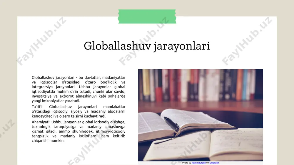 rlamchi davr, 15-16 asrlarda boshlangan, savdo va sayohatning kengayishi bilan bog'liq. bu davrda ko'plab mamlakatlar o'rtasida iqtisodiy aloqalar mustahkamlandi, yangi mintaqalar kashf etildi. davr 2 ikkinchi davr, 19-asrda kuchli davlatlar o'rtasida mustamlakachilik siyosati kuchaygan davrdir. global savdo tarmog'i kengayib, sanoat inqilobi natijasida yangi texnologiyalar paydo bo'ldi. davr 3 uchinchi davr, 20-asrning o'rtalarida global iqtisodiy integratsiyaning kuchayishi bilan tavsiflanadi. xalqaro tashkilotlar, masalan, bmt va wto, muhim rol o'ynadi. davr 4 to'rtinchi davr, 21-asrda, raqamli texnologiyalarning rivojlanishi va internetning keng tarqalishi bilan bog'liq. axborot almashinuvi tezlashdi, global aloqalar yangi bosqichga o'tdi. davr 5 beshinchi davr, hozirgi zamonda, ijtimoiy va ekologik masalalar global miqyosda muhokama qilinmoqda. davlatlar o'rtasida hamkorlik va barqaror rivojlanish muhim ahamiyatga ega. globallashuv va madaniyat globallashuv jarayonlari madaniyatga sezilarli ta'sir ko'rsatmoqda. madaniy almashinuv jarayonlari orqali turli xalqlar o'z madaniyatlari bilan bo'lishmoqda, bu esa global madaniyat va lokal madaniyat o'rtasida muvozanatni saqlashni taqozo etadi. madaniyatlararo aloqalar orqali turli madaniyatlar bir-biridan o'rganish …