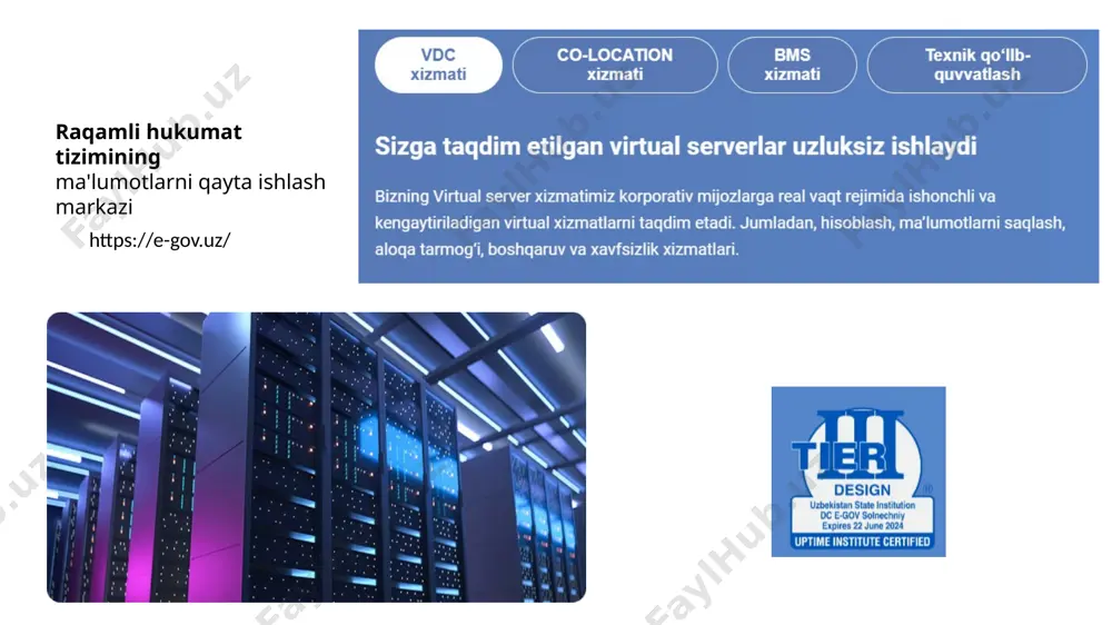 inlashingiz zarur. buning uchun pul mablag’i, malakali mutaxassislar va vaqt talab etiladi. banklar pulni boshqarish uchun ixtisoslashgan tashkilotlar bo'lgani kabi, data center ham serverlarni boshqarish uchun ixtisoslashgan tashkilotdir. data centerda serverlarning uzluksiz ishlashini va xavfsizligini ta'minlash uchun barcha zarur shart-sharoitlar mavjud. har qanday data center xizmatidan foydalanishni boshlash uchun sanoqli kun yoki hatto soat kerak bo'ladi. bu o'sib borayotgan biznes ehtiyojlarini qondirish uchun kerakli server hajmini tezda oshirish imkonini beradi. yo’ki aksincha, siz data center xizmatlarining bir qismidan (yoki barchasidan) tezda voz kechishingiz va xarajatlarni qisqartirishingiz mumkin. elektron xizmatlar elektron davlat xizmatlarini joriy etish va rivojlantirish vazirlar mahkamasining 2017 yil 15 sentyabrdagi “oʼzbekiston respublikasi yagona interaktiv davlat xizmatlari portali orqali elektron davlat xizmatlari koʼrsatish tartibini takomillashtirish chora-tadbirlari toʼgʼrisida” 728-son qaroriga asosan “oʼzbekiston respublikasi yagona interaktiv davlat xizmatlari portali toʼgʼrisida nizom” tasdiqlangan va ushbu nizomga asosan yagona portalning ishlash faoliyati tartibga solingan. elektron hukumat toʼgʼrisidagi qonunga muvofiq, elektron davlat xizmati - …