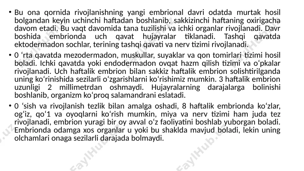 vri deb ataladi. bu vaqtda homila bola ko‘rinishini oladi. yaqtidan avval tugllgan bolalarning nafas olish organlarida muammolar tug‘ilishi mumkin. shuningdek, ular tana haroratini doimiy tarzda boshqarib turolmaydilar. chunki, ularda teri osti qavatidagi yog‘ qavati mavjud bo‘lmaydi. bu qavat homilaning 8-oyida hosil bo‘ladi. hozirgi zamon neonatal yordamning imkoniyatlari yordamida erta tug‘ilib qolgan bolalar yashab qolishi mumkin. homila bosqichida xulq-atvor paydo bo'ladi, homilada faollik davri ko‘rinadi. ko‘pchilik onalar homila harakatchanligi va tinch vaqtlarini aytib berishlari mumkin. homilaning ko‘z va quloqlari ta’sirlarga javob beradi, yuragi tezroq urishni boshlaydi, ko‘zlari yoruglikka pirpirash bilan javob beradi. bunday ma’lumotlar shundan dalolat beradiki, ona qornidagi oxirgi oylar homilani mustaqil hayotga, ya’ni, ona organizmidan tashqi hayotga tayyorlab beradi, bu o‘zgarishlar homilador ayol o‘zining bo‘lajak farzandiga sog‘lom atrof-muhitni ta’minlagandagina amalga oshishi mumkin. soglom bola tug‘ilishi uchun bo‘lajak onalarga vrachlar asosiy 5ta tavsiyani ta’kidlab o‘tadilar: 1. homilador ayol davolovchi vrach ko‘rigidan muntazam o‘tib turishi, har oyda, homiladorlikning oxirida har haftada …