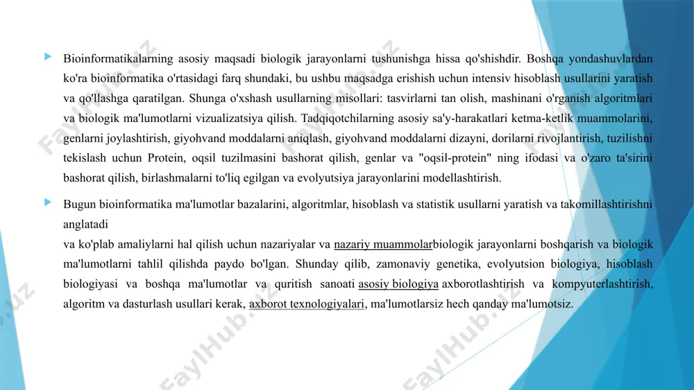 un foydalanishni tushunadi. bioinformatika va hisoblash biologiyasi atamalari algoritmlar va aniq hisoblash usullarini ishlab chiqishini ko'rsatadi. biologiyada hisoblash usullaridan foydalanish biologik jarayonlarning matematik modellashtirish bilan bog'liq. bioinformatika amaliy matematika, statistika va informatika fanlari usullaridan foydalanadi. tizimli biologiya bilan hisoblash biologiyasini o'rganish. tadqiqotchilarning asosiy sa'y-harakatlari genomlarni, protein tuzilmalarini tahlil qilish, protein molekulalarining evolyutsion jarayonlarini rekonstruktsiya qilish uchun zarur bo'lgan bir-birlari va boshqa molekulalarning o'zaro ta'sirini o'rganishga qaratilgan. bioinformatika biologiyaning ko'plab sohalarining muhim qismiga aylandi. eksperimental molekulyar biologiyada, masalan tasvirni yaratish va signalni qayta ishlash kabi bioinformatika usullari ko'p sonli manbalar ma'lumotlaridan foydali natijalarga erishishga imkon beradi. genetika va genomika sohasida bioinformatika jinslar buyurish va izoh berishda yordam beradi va kuzatilgan mutatsiyalarga yordam beradi. bu biologik adabiyot ma'lumotlarini tahlil qilishda va biologik va genetik o'qitish va biologik ma'lumotlarni talab qilishda rol o'ynaydi. bu gen, protein ifodasi va tartibga solishda rol o'ynaydi. bioinformatika vositalari genetik va genom ma'lumotlarni, umuman olganda, molekulyar biologiyaning evolyutsion …