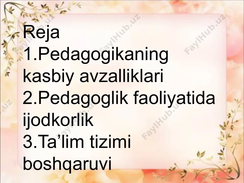 ari bilan emas, boshqa yoщdagilar bilan ishlaydi. o’qituvchi bilan bolalarning xayotiy tajribalari, bilimlari, dunyoqarashlarida ancha farq bor. bu esa ularni birbirlarini tez tushunib etishlariga imkon bermaydi. shunday ekan, o’qituvchi bolalarni yoshlik "xususiyatlari, dunyokarashlari, kizikishlari, bilim darajalarini yaxshi bilishi kerak bo’ladi. shundagina uning ishi samarali kechishi mumkin. o’qituvchi kasbining yana bir muxim jihati shundaki, bu kasb kishiga mamnunlik va xursandchilik keltiradi. bu mamnunlik, unta o’z faoliyati natijalarini ko’rganida, o’z shogirdlarini turmushda, ilmufan va yuksak mansablarni egallaganlarida, hayotda o’z o’rinlarini topganliklarida ko’zga yaqqol tashlanadi. shunda, o’qituvchilar o’z mexnatlarini zoe ketmaganligini his etadilar. o’qituvchilik kasbida iste’dod katta rol o’ynaydi. ya’ni o’qituvchilikda o’z kasbiga mehr, qiziqish, uni egallashga intilish bo’lishi lozim. bu sifatlar ko’pchilik hollarda bolalarni sevganda, bolalarning shovqinsuronidan, jovdiragan ko’zlaridan zavqlangandagina namoyon bo’ladi. muallimlik iste’dodi uni tug`ma bo’lishligini bildirmaydi. shunga qaramasdan, u kishilarda yoshligidan, ochiq yoki berk holda paydo bo’ladi. muallimlik iste’dodi kishilarda bolalar bilan bog`liq hayotiy voqealar zamirida, kishilarning eshlik chog`larvda bo’lishi …