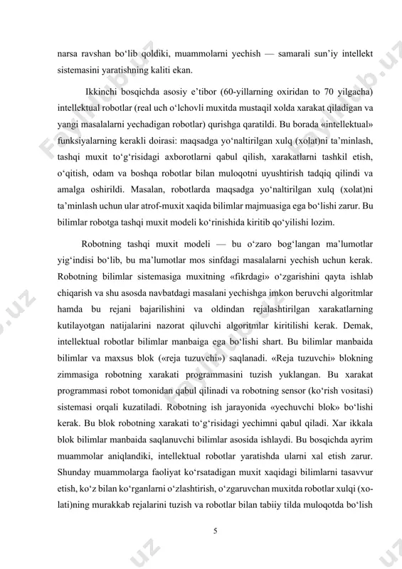 va muloqot sistemasini ko‘rsatish mumkin. «yechuvchi» bilimlar manbaidan keladigan ma’lumotlar asosida foydalanuvchi uchun kerakli programmalarni avtomatik tarzda birlashtiradi. muloqot sistemasi — bu bilimlar manbaida foydalanuvchi tilidan bilimlarni tasavvur qilish tiliga o‘tkazishni hamda teskari jarayonni amalga oshiradigan translyator («tarjimon»)lar majmuasidir. «yechuvchi» va muloqot sistemalarining vazifalari va ishlash prinsipi xususida risolaning keyingi qismida so‘z yuritiladi. sun’iy intellektli sistemalarga: informatsion qidiruv sistemalari (savol-javob sistemalari), xisob-mantiq sistemalari va ekspert sistemalari kiradi. intellektual informatsion-qidiruv sistemalari exm bilan muloqot jarayonida foydalanuvchilarning tabiiy tilga yaqin bo‘lgan kasb tillarida so‘nggi foydalanuvchilar (programma tuzmaydiganlar) bilan ma’lumotlar, bilimlar manbalari o‘rtasida o‘zaro muloqotni ta’minlaydi. bu sistemalar sun’iy intellekt sistemalarining dastlabkilaridan bo‘lib, ular ustida olib borilgan tadqiqotlar xisoblash texnikasi rivojlanishi bilan uzviy bog‘liq bo‘lgan. xisob-mantiq sistemalari, amaliy matematika va programmalashtirish soxasida mutaxassis bo‘lmagan so‘nggi foydalanuvchilarni, murakkab matematik usullar va shunga o‘xshash amaliy programmalardan foydalanib, o‘zaro muloqot shaklida o‘zlarining masalalarini exmda yechishni ta’minlaydi. ekspert sistemalar nima? yuqori malakali mutaxassislar bilimiga ega bo‘lgan sistemalar …
