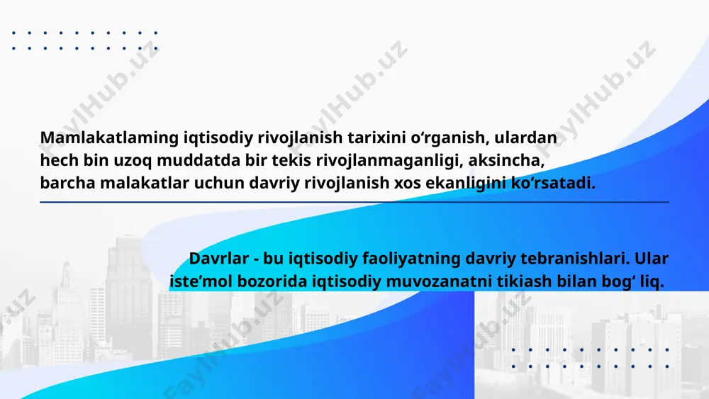 unga notekis taraqqiyot ham xos. tarixda har doim iqtisodiy oʻsish oʻrmiga turgʻunlik va xatto tushkunlik kelgan, so'ngra yana iqtisodiy o'sish boʻlgan. iqtisoddagi shunday tebranma harakat ma'lum davrlarda takrorlanib turgan. iqtisodiy dinamikadagi koʻtarilish va pasayish hodisalarini o'z ichiga oluvchi, iqtisodning tebranib turishi bilan xarakterlanuvchi davr iqtisodiy o 'sish sikli deyiladi. iqtisodiy nazariyalarda sikllar har xil talqin etilgan. ba'zi manbalarda siklli rivojlanish faqat kapitalizm belgisi deb qaralgan, sikl inqirozdan inqirozgacha bo'lgan davr sifatida baholangan, unda krizis, turg'unlik, jonlanish va yuksalish fazalari mavjudligi qayd etilgan. bu nazariyada krizis siklning boshlang'ich nuqtasi deb olingan. mazkur nazariya xix asrdagi siklli rivojlanishga xos hodisalarni umumlashtirgan, ammo sikllarning umumiy hodisa ekanligini e' tibordan qochirgan. iqtisodiy quvvati kuchli jamiyatda ishlab chiqarish tabiiy va boshqa tasodifiy hodisalar ta'sirini kuchsizlantira oladi. shu sababli tebramishlar iqtisodiyotning oʻziga xos xususiyatlaridan kelib chiqadi. ularni asosan ikki narsa keltirib chiqaradi. birinchisi fan-texnika taraqgiyoti bilan bog'liq investitsiyalar, ikkinchisi mahsulot va hizmatlarga boʻlgan talab-ehtiyojning oʻzgarishi. ular …