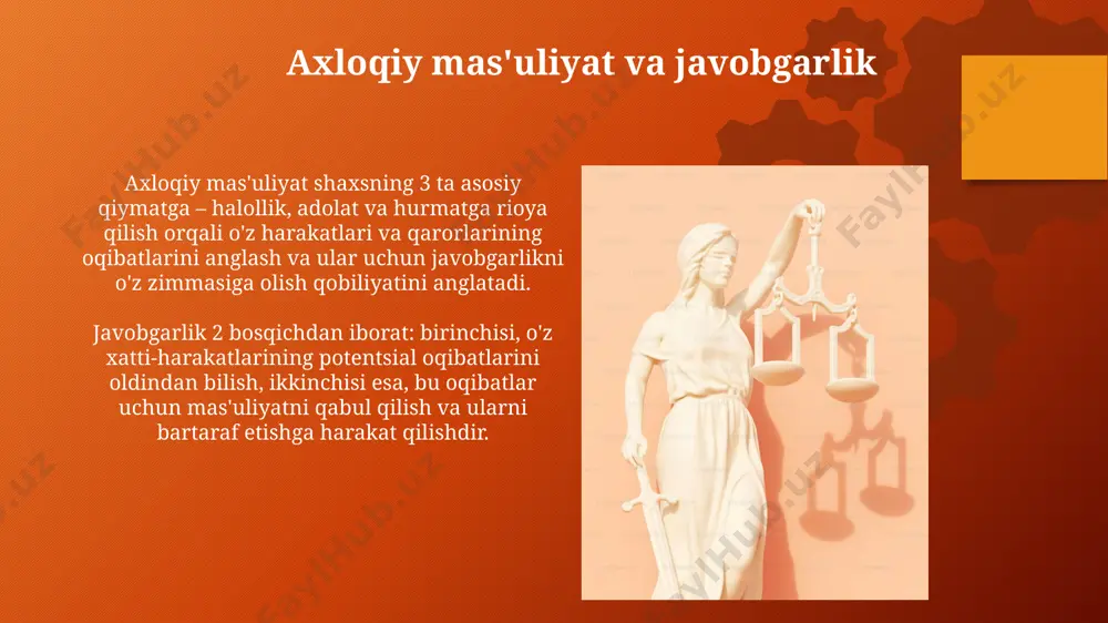 soladi, ularning 3 ta asosiy printsipi adolat, hurmat va mas'uliyatdan iborat. axloqiy tanlov va qarorlar axloqiy qarorlarning natijalarini bashorat qilishning aniqligi taxminan 50% ni tashkil etadi, bu esa ehtimolliklarni va mumkin bo'lgan oqibatlarni hisobga olishni talab qiladi. shaxsning axloqiy rivojlanish darajasi qabul qilingan qarorlarning sifati va uning oqibatlari uchun javobgarlik darajasiga 30% ta'sir ko'rsatadi, bu esa tajriba va bilimlarga bog'liq. zamonaviy dunyoda axloq muammolari zamonaviy dunyoda axloq muammolari soni 21-asrda globalizatsiya jarayonlari bilan bogʻliq ravishda 30% ga oshgan, bu esa axloqiy qarashlar xilma-xilligini va qarama-qarshiliklarini keltirib chiqarmoqda. ijtimoiy tarmoqlarning rivojlanishi axloqiy normalarning buzilishiga olib keladi: kiber-tajovuz holatlari 40% ga o'sdi, bu esa axloqiy tarbiya va jamoat nazoratini talab qiladi. axloqiy fanlarning o'rni va ahamiyati zamonaviy dunyoda axloqiy fanlar 5ta asosiy qiymat – adolat, halollik, hurmat, mas’uliyat va hamkorlik kabi tushunchalarni o'rgatish orqali insoniyatning kelajagi uchun poydevor yaratadi. axloqiy fanlarning o'rganilishi natijasida 10 tadan ortiq ijtimoiy muammolarni oldini olish va ularga …