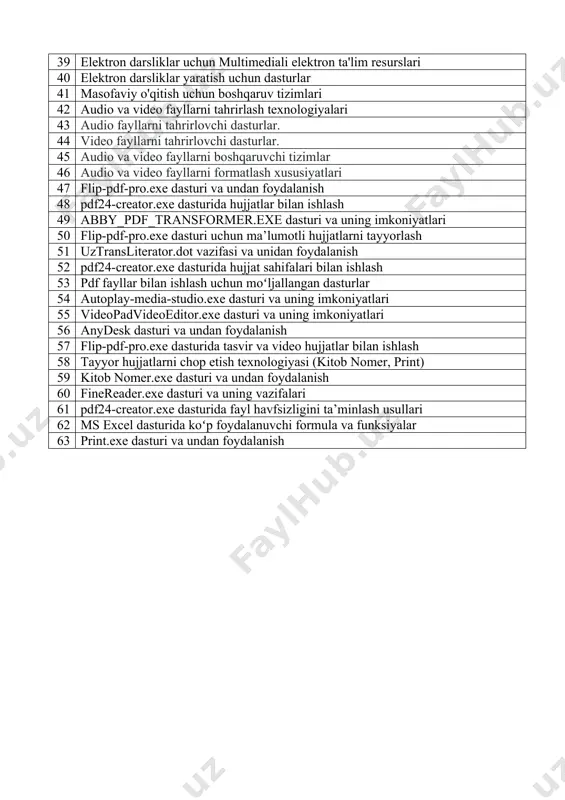 ab chiqish texnologiyalari 39 elektron darsliklar uchun multimediali elektron ta'lim resurslari 40 elektron darsliklar yaratish uchun dasturlar 41 masofaviy o'qitish uchun boshqaruv tizimlari 42 audio va video fayllarni tahrirlash texnologiyalari 43 audio fayllarni tahrirlovchi dasturlar. 44 video fayllarni tahrirlovchi dasturlar. 45 audio va video fayllarni boshqaruvchi tizimlar 46 audio va video fayllarni formatlash xususiyatlari 47 flip-pdf-pro.exe dasturi va undan foydalanish 48 pdf24-creator.exe dasturida hujjatlar bilan ishlash 49 abby_pdf_transformer.exe dasturi va uning imkoniyatlari 50 flip-pdf-pro.exe dasturi uchun ma’lumotli hujjatlarni tayyorlash 51 uztransliterator.dot vazifasi va unidan foydalanish 52 pdf24-creator.exe dasturida hujjat sahifalari bilan ishlash 53 pdf fayllar bilan ishlash uchun moʻljallangan dasturlar 54 autoplay-media-studio.exe dasturi va uning imkoniyatlari 55 videopadvideoeditor.exe dasturi va uning imkoniyatlari 56 anydesk dasturi va undan foydalanish 57 flip-pdf-pro.exe dasturida tasvir va video hujjatlar bilan ishlash 58 tayyor hujjatlarni chop etish texnologiyasi (kitob nomer, print) 59 kitob nomer.exe dasturi va undan foydalanish 60 finereader.exe dasturi va uning vazifalari 61 …