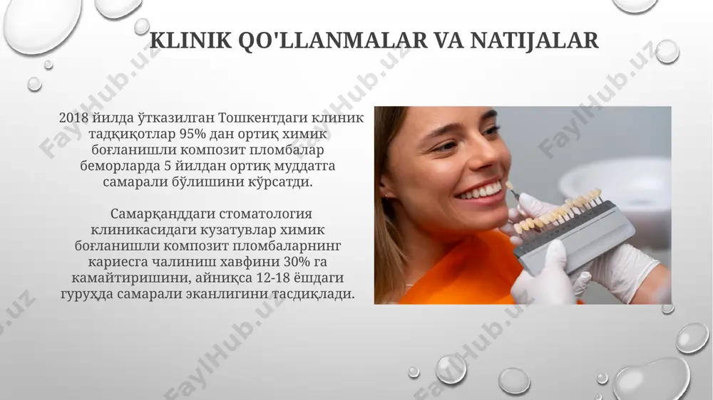 izmat muddati, tishning tabiiy rangiga yaqin bo'lish imkoniyati va 70% dan ortiq mineral moddalar tufayli yuqori chidamlilik mavjud. kamchiliklari esa ba'zi hollarda, masalan, yuqori namlikli hududlarda, 2-3 yildan keyin qisman aşınma kuzatilishi, shuningdek, ba'zi bemorlarda allergik reaksiyalar yuz berishi mumkinligini o'z ichiga oladi. plomba materiallarining xossalari kimyoviy bog'lanishli kompozit plomba materiallari 50-70 mpa gacha bo'lgan siqilish mustahkamligiga ega bo'lib, bu ularning og'iz bo'shlig'idagi turli xil yuklarga bardosh berishini ta'minlaydi, masalan, aqshda o'tkazilgan tadqiqotlar shuni ko'rsatdiki, ularning xizmat muddati 7 yildan oshadi. kompozit plombalarning abrazivlikka chidamliligi yuqori, masalan, taxminan 200-300 hv darajasida, bu ularning uzoq muddat davomida shakli va rangini saqlab qolishini ta'minlaydi, bu ko'rsatkich yaponiya standartlariga mos keladi. preparatsiya usullari американинг 3м компанияси томонидан ишлаб чиқарилган scotchbond universal адгезиви, турли хил композит материаллар билан мукаммал боғланишни таъминлайди ва бундай боғланишнинг кучи 25-30 мпа га етади. композит пломбаларни ўрнатишдан аввал тиш бўшлиғини 37°с даги сув билан ювиш ва 2-3%ли пероксид эритмаси …