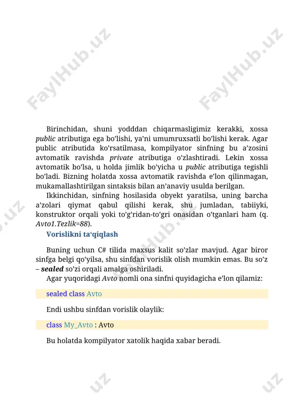 c void main() { console.writeline("base kalit so'zi bilan ishlash\n"); hosila_sinf obj = new hosila_sinf(5, 2, 3, 4); console.writeline("bazali sinf obyektining koordinatalari: {0} {1} {2}", obj.x, obj.y, obj.z); obj.aer(obj); console.readline(); } } } takrorlaymiz, base kalit so’zi yordamida istalgan shaklda konstruktorga murojaat qilish mumkin. endi esa base kalit so’zi yordamida hosil qilingan prinsipni qisqacha ko’rib chiqamiz. qachonki, hosila sinfda base kalit so’zi ko’rsatilsa, bevosita bazali sinfdan konstruktorni chaqiradi. shunday ekan, bazali sinfga har doim base kalit so’zi orqzli murojaat qilinadi, sinflarga murojaatda bevosita iyerarxiyaga chaqiriladi. base() metodining argumentlari sifatida bazali konstruktorga argumentlar jo’natiladi. agar kalit so’z mavjud bo’lmasa, jimli bo’yicha bazali sinfdan foydalanib konstruktor avtomatik chaqiriladi. muhrlangan sinfni sinfga qo’shish ko’rib chiqdikki, muhrlangan sinfdan vorislik olib bo’lmaydi. ayrim holatlarda o’zimizning sinfimizda ushubu murhlangan sinfning a’zolaridan foydalanishni istaymiz. bu qanday bajariladi? takrorlaymiz, vorislikka yo’l qo’yilmaydi. bu muammoni yechish uchun muhrlangan sinfda olingan elementni chaqirish usulini qo’llaymiz. quyidagi dasturda (8.12-listing) muhrlangan sinfdan foydalanish …