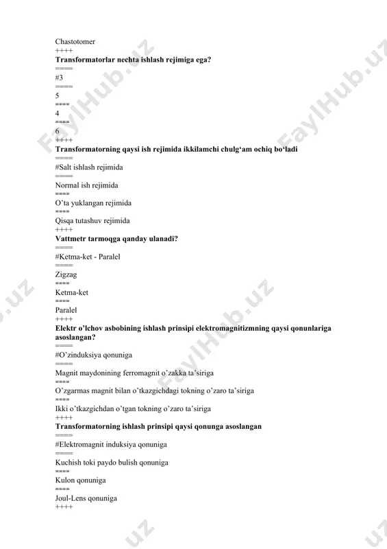 va liniya kuchlanishlari ==== 1 xil, faza kuchlanishi ==== 1xil, liniya kuchlanishi ==== 3 xil, yuqori, o’ta va past kuchlanishlar ++++ agar i2=20 а vа k = 2 bo’lsa, kеltirilgan transformatorning birlamchi chulg’ami to​kini toping ==== #10 а ==== 50 а ==== 40 а ==== 20 а ++++ «berk konturdagi barcha toklarning algebraik yig’indisi nolga teng». qaysi qonun ta’rifi keltirilgan. ==== #kirxgofning birinchi qonuni ==== om qonuni ==== elektromagnit indukstiya qonuni ==== kirxgofning ikkinchi qonuni ++++ elеktr enеrgiyani istе'molchilarga qanday kuchlanishda uzatish maqsadga muvofiq bo’ladi? ==== #o’zgaruvchan kuchlanishda ==== yuqori kuchlanishda ==== past kuchlanishda ==== o’zgarmas kuchla​nishda ++++ nima uchun vattmetrning o’lchash chulg’ami ikkita? ==== #chulg’amlardan biri tokga, ikkinchisi kuchlanishga to’g’ri proporstional bo’lganligidan ularning ko’paytmasiga proporstional aylantiruvchi moment hosil qilish uchun ==== o’lchash aniqligini oshirish uchun ==== tashqi elektromagnit maydonning ta’sirini kamaytirish uchun ==== asbobni harakatlantiruvchi qismlarini tinchlantirishni osonlashtirish uchun ++++ nima maqsadda elektr stansiyalarda elektr uzatish liniyasining boshida kuchaytiruvchi …