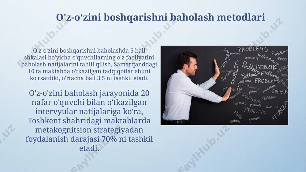 o'z-o'zini boshqarish o'z-o'zini baholash va o'z-o'zini boshqarishni birlashtirgan yangi pedagogik yondashuv andijon davlat universitetida sinovdan o'tkazilib, talabalarning mustaqil ishlash ko'nikmalarini 15% ga yaxshilagan. o'z-o'zini boshqarish ko'nikmalarini rivojlantirish bo'yicha o'tkazilgan 3 oylik trening samarqand viloyatidagi 150 nafar o'qituvchining dars berish samaradorligini 10% ga oshirgan. o'z-o'zini boshqarishning pedagogik usullari surxondaryo viloyatining 2 ta qishloq maktabida 2022-yilda o‘tkazilgan tadqiqotlar natijalariga ko‘ra, o‘z-o‘zini boshqarishga asoslangan 4 ta yangi pedagogik usulning ta’siri ijobiy baholandi. o‘quv jarayonida o‘z-o‘zini boshqarishni rivojlantirish uchun 7 bosqichli model ishlab chiqilgan bo‘lib, uning samaradorligi toshkentdagi 10 ta maktabda o‘rganilgan. o'z-o'zini boshqarishning individual farqlari o'z-o'zini boshqarish qobiliyatining 70% ga yaqini 10 yoshgacha shakllanib bo'ladi, shu sababli bolalarning erta yoshdagi tarbiyasi va rivojlanishi muhim ahamiyat kasb etadi, ayniqsa, toshkent kabi yirik shaharlarda. individual farqlarni hisobga olgan holda, 20-30% o'quvchilar o'z-o'zini boshqarishda yuqori ko'rsatkichlarga ega bo'lib, ularning akademik muvaffaqiyatlari yuqori bo'ladi, masalan, samarqanddagi maxsus maktablarda. sinfdagi demokratiya va o'z-o'zini boshqarish samarqand viloyatining 2 ta …