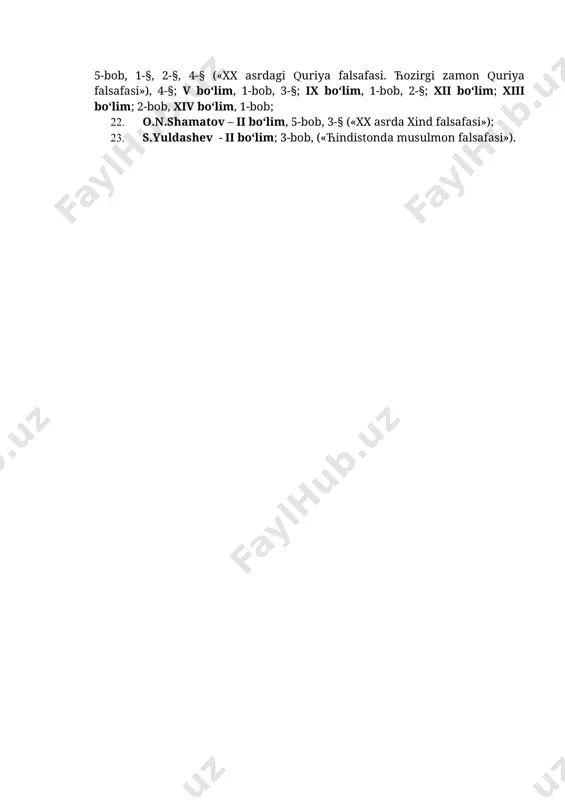 anish prinsipi»), iv bo‘lim; 20. u.j. xaydarov – vii bo‘lim; 21. v.s.xan – i bo‘lim, 1-bob, 1-§, 3-§ («ќuriyada afsonaviy tafakkur va diniy-falsafiy tasavvurlarning paydo bo‘lishi»; 4-§ («gomer i gisiod»); 2-bob 3-§ («quriyada konfutsiychilik, buddaviylik va daosizm diniy-falsafiy tasavvurlar»); 3-bob, 6-§ («ќuriya falsafasi»); 4-bob, 3-§ («lyudvig feyerbax»), 5-bob, 1-§, 2-§, 4-§ («xx asrdagi quriya falsafasi. ћozirgi zamon quriya falsafasi»), 4-§; v bo‘lim, 1-bob, 3-§; ix bo‘lim, 1-bob, 2-§; xii bo‘lim; xiii bo‘lim; 2-bob, xiv bo‘lim, 1-bob; 22. o.n.shamatov – ii bo‘lim, 5-bob, 3-§ («xx asrda xind falsafasi»); 23. s.yuldashev - ii bo‘lim; 3-bob, («ћindistonda musulmon falsafasi»). i bo‘lim. falsafa: mavzusi, tuzilishi, vazifasi va jamiyatdagi o‘rni 1-bob. falsafa mavzusi va falsafiy bilimlar mohiyati. 1-§. falsafa nima degani? agar falsafa so‘zining kelib chiqishi (etimologiyasi)ga e'tibor bersak, uning yunon tilidagi tarjimasi «donolikni sevaman» ma'nosini anglatadi. diogen laertskiy (eramiz ii asri oxiri - iii asr boshlari) so‘zlariga qaraganda, o‘zini birinchi marta faylasuf deb atagan …