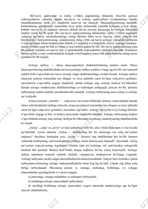 . a.fitrat “komilu olim insonlar nafslarini (oʻzliklarini) shunday tarbiyalaydilarki, natijada, afv va madora, muloyimlik odatlariga aylanadi”[11] deb yozadi. demak, halimlik afv (kechirimlilik); murosa (kelishuvchanlik); muloyimlik (moʻtadillik) kabi xulqlarni shakllantirish orqali yuzaga keladi. oʻzligida halimlik fazilati boʻlgan kishi ruhan kuchli, xushxulq, nodonlikka qarshi kurashuvchi tinchliksevar insondir. halimlikni mazmunan toʻldiruvchi fazilat sadoqatlilik va sadoqat koʻrsatish, yaʼni insoniy va fuqarolik huquqlarimizdan foydalanish, barcha burch va vazifalarimizni hazrati inson mavqeiga munosib bajarishni anglatadi. sadoqat ijtimoiy axloq tizimi sifatida insonni ikki olamda baxtga yetaklovchi va maʼnaviy-axloqiy omildir. “bu dunyoda moʻtabar, oxiratda baxtiyor boʻlishni istaganlar, – deb yozadi a.fitrat, – oʻzlarida sidq (sadoqat m.q.)ni paydo qilib, doimiy odatlariga aylantirishlari kerak. ijtimoiy aloqalarning yagona nazoratchisi sidqu sadoqatdir”[12]. kishi oʻzligidagi sadoqat tuygʻusi bilan ijtimoiy foydali shaxsga aylanadi. sadoqat ezgu ishlarga fidoyi boʻlish natijasida shakllanadi. shu maʼnoda, sadoqatli kishi haqiqatgoʻy shaxs sifatida talqin qilinadi. agar oilada sadoqat boʻlmasa, u uyda osoyishtalik ham boʻlmaydi, shu boisdan, u avvalo mikro muhitdagi …