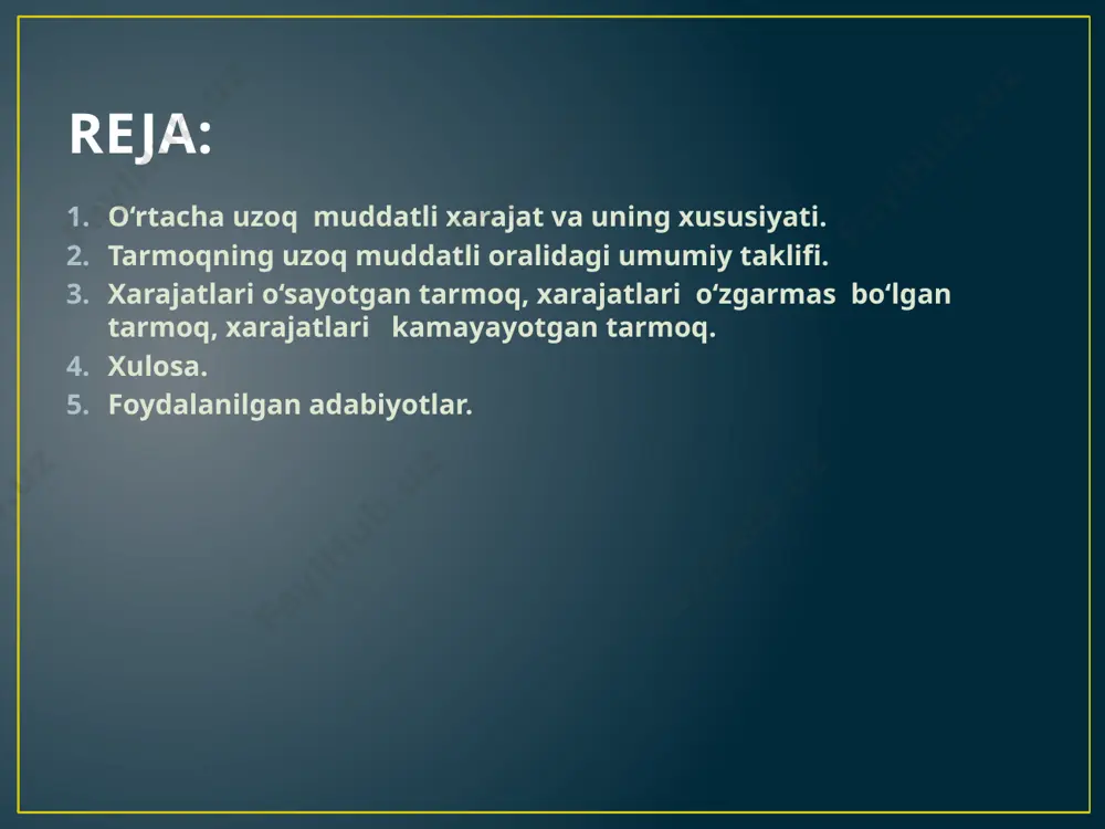 ng iqtisodiy foyda olsa ham), u o‘z ishini (normal foyda olgani uchun) to‘xtatmaydi. raqobatlashgan bozorda tarmoqqa kirish va undan chiqish erkin bo‘lgani uchun va tarmoqning o‘zi ham raqobatlashuvchi bo‘lgani uchun firmalarning iqtisodiy foydasi nolga yaqinlashish tendensiyasiga ega. firma nolga teng iqtisodiy foyda olganda, unda tarmoqdan chiqib ketishga hojat qolmaydi, boshqa firmalarning ham tarmoqqa kirib kelishidan manfaatdor emas. uzoq muddatli muvozanat holat quyidagi o‘rtacha shart bajarilganda sodir bo‘ladi. birinchidan, tarmoqdagi barcha firmalar o‘z foydalarini maksimallashtiradi. ikkinchidan, hamma firmalar nolga teng iqtisodiy foyda olgani uchun har bir firma tarmoqqa kirishdan va undan chiqishdan manfaatdor emas. uchinchidan, mahsulotning narxi shundayki, bu narxda umumiy taklif (tarmoq taklifi) umumiy iste’mol talabiga teng. tarmoqqa firmalarning kirishi va undan chiqishni tarmoqda uzoq muddatli muvozanatni ta’minlovchi mexanizm deb qarash mumkin. tarmoqqa firmalar kirib keladi, agar ular ushbu tarmoqda iqtisodiy foyda olishini sezsa.tarmoqdan firma chiqadi, agar u uzoq muddatli oraliqda o‘rtacha xarajtlarini qoplay olmasa. tarmoqdan chiqish va unga kirish …