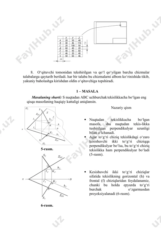 yordamchi tekislikning (p1,p2) kesishish chizig‘ini-mn (m2n2,m1n1) aniqlaymiz: mn=abc (7-rasm, g). v) s nuqtadan abc uchburchak tekisligiga tushirilgan perpendikulyar bilan mn to‘g‘ri chiziqning kesishish k nuqtasini (k1, k2) aniqlaymiz: (sk)(mn)=k (7-rasm, d). 3-bosqich. s nuqtadan abc uchburchak tekislikkacha bo‘lgan eng qisqa masofaning haqiqiy kattaligi aniqlanadi: a) s nuqtadan abc uchburchak tekislikkacha bo‘lgan eng qisqa masofaning haqiqiy uzunligini to‘g‘ri burchakli uchburchak usuli bilan aniqlanadi (7-rasm,e,j). 7j-rasmda sk kesmani epyurda haqiqiy kattaligini aniqlash ko‘rsatilgan. 2-masalani yechish namunasi va algoritmi 8-rasmda keltirilgan. 7-rasm, ye 7-rasm, j mustahkamlash uchun savollar. 1. eng qisqa masofa qanday kesma bilan o‘lchanadi? 2. qanday to‘g‘ri chiziq tekislikka to‘g‘ri bo‘ladi? 3. to‘g‘ri chiziqning haqiqiy kattaligi qanday aniqlanadi? 4. to‘g‘ri chiziq bilan kesishgan nuqtasi qanday aniqlanadi? 5. to‘g‘ri chiziq orqali yordamchi tekislik qanday o‘tkaziladi? 6. ikki tekislikning kesishgan chizig‘i qanday aniqlanadi? talabalar topshiriqni bajarish uchun variantlar 1 – jadval. nuqtalar koordinatalar variantlar 1 2 3 4 5 6 7 8 9 …