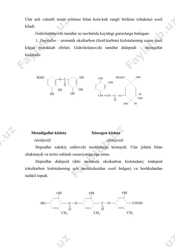 mela tanin va boshkalarning tarkibi yaxshi urganilgan. xitoy gallotanini turkiya gallotanini. r-h olimlarning olib borgan tajribalari asosida olgan ma’lumotlariga karaganda sumax o‘simligining bargidan olingan tanin glyukozaning 6 ta kislota (4 tasi didepsid, 2 tasi monogalloil xolida), skumpiya o‘simligining tanini va xitoy gallotanini glyukozaning 7 ta gallat kislota (3 tasi tridepsid, 2 tasi didepsid va 2 tasi monogalloil xolida) va turkiya gallotanini glyukozaning 5 ta gallat kislota (3 ta tridepsid va 2 tasi didepsid xolida) bilan birikishidan tashkil topganligini aniqlagan. 3. ellagotaninlar – o‘zidan ellag kislota ajratadigan oshlovchi moddalar. ilgari ellagotaninlar ellag kislotaning uglevodlar yoki kup atomli spirtlar bilan xosil kilgan murakkab efirlaridan tashkil topadi deb xisoblanar edi. keyinchalik shmid va shogirdlari utkazgan tekshirishlarga karaganda ellag kislota oshlovchi moddalarning gidrolizlanishi natijasida geksaoksidifen kislotaninig laktoni sifatida xosil bular, ellagotaninlarni esa uglevodlar (geksozlar) geksaoksidifen kislota bilan birikib tashkil etar ekan. ellag kislota geksaoksidifen kislota eng oddiy ellagotaninlarga divi-divi (caesalpinia coriaria willd,mevasi), mirobalan (terminalia …