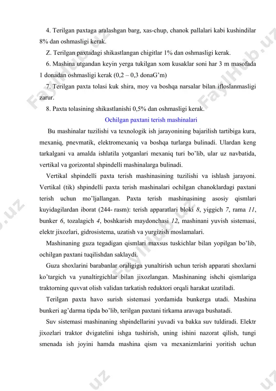 tungi smenada ish joyini hamda mashina qism va mexanizmlarini yoritish uchun mo’ljallangan. mashinani boshkaruvchi barcha qismlar boshkarish maydonchasiga o’rnatilgan. mashinaning texnologik ish jarayoni kuyidagicha: mashina guza kator oralarida harakatlanganda shox ko’targichning yunaltiruvchi chiviklari guza tupini shpindelli barabanlar 1 orasiga (ish tirkishiga) yunaltiradi. barabanning aylanma tezligi mashinaning tezligidan katta bo’lganligi uchun guza tuplari sinmaydi va yotib kolmaydi. aylanayotgan baraban guza tupini kamrab, ish tirkishiga tortib oladi. shpindel galtagi ish zonasida tashki kuzgalmas ponasimon tasmalar bo’ylab yumalanishi natijasida u baraban yunalishiga teskari aylanib, ochilgan paxtani tishi bilan ilib uziga urab oladi. baraban aylanishini davom etib, shpindelni ish zonasidan ajratish zonasiga olib boradi. u yerda shpindel galtagi ich tomondan kuyilgan ponasimon tasmalar bo’ylab yumalab shpindel aylanishi yunalishini o’zgartiradi va undagi paxtaning asosiy qismi inertsiya kuchlari ta`sirida yechiladi. ajratkich 13 chutkalarini killari shpindel tishlariga 1,5 mm gacha kirib turganligi sababli, chuvitilgan paxta tolalarini shpindellardan ajratib olib qabul kamerasi 9 ga tashlaydi va shu bilan …