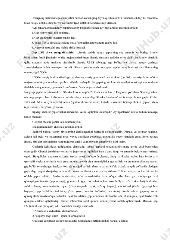 lishiklari ravishdagi qo’shimchalari kabi gapda asosiy sintaktik vazifa - kesimni shakllantirishga ixtisoslashgan shakldir. vositasiz to’ldiruvchi vazifasidagina kelish tushum kelishigi shakli uchun qanchalik qat‘iy va xususiy bo’lsa, «kelay», «o’qituvchiman» kabi nutqiy birliklaridagi morfologik shakllar uchun kesimni shakllantirish shunchalik qat‘iy va xususiydir. kesimlik shaklining boshqa morfologik shakllardan farqi uning bir necha ichki kategoriyalarning qorishishidan hosil bo’ladigan murakkab tabiatga egaligidir. aniqrog’i, kesimlik kategoriyasi kesim vazifasini birgalikda qaror toptiruvchi - shaxs-son, zamon, tasdiq-inkor, mayl kategoriyalari sintezidan iboratdir. o’qidim gapida kesimlik shakli maxsus ko’rsatkichlarga ega bo’lsa, bu yer shahar gapida u nol shakllidir. zero, bu gapda ham iii shaxs, hozirgi zamon, tasdiq, aniqlik mayli ma‘nolari anglashilib turibdi. morfologik shakllardan faqat aloqa-munosabat (sintaktik) shakllargina gap qurilishiga daxldor bo’lib, ulardan faqat kesimlik kategoriyasi gap mohiyatiga tegishlidir. chunki, kesimlik kategoriyasiz gap shakllanishi mumkin emas. gap mohiyati «atov birligi+kesimlik qo’shimchalari» tarzidadir. aloqa-munosabatning boshqa shakllari (kelishik, egalik) esa gap tarkibidagi so’zlarni bog’lash uchungina xizmat qilib, sb mohiyatini tashkil etishda ishtirok …