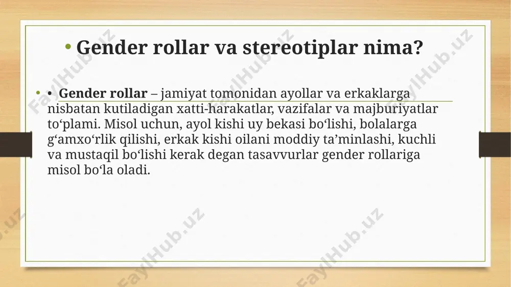 2) bular erkaklik va ayollikning sxematik, umumlashtirilgan tasvirlari; 3) bu "erkaklik" va "ayollik" ning ijtimoiy jihatdan qurilgan toifalari bo'lib, ular jinsga qarab turli xil xatti-harakatlar, erkaklar va ayollarning ijtimoiy rollar va maqomlarda turli taqsimlanishi va shaxsning o'zini tutishga bo'lgan psixologik ehtiyojlari bilan mustahkamlangan. ijtimoiy jihatdan kerakli tarzda va ushbu tadqiqotda "gender stereotipi" tushunchasi erkaklar va ayollar o'rtasidagi ijtimoiy farqlar haqidagi g'oyalarni, ayol va erkak xulq-atvor modellari, erkaklar va ayollarga xos bo'lgan ijtimoiy rollar va maqomlar tizimi haqidagi etarlicha barqaror, standartlashtirilgan g'oyalarni o'z ichiga oladi. ko'pincha odamning jinsi va gender xususiyatlarining aralashmasi mavjud va bu erkaklik va ayollik xususiyatlari bir vaqtning o'zida psixologik farqlarning ham psixofiziologik, ham ijtimoiy-madaniy jihatlarini o'z ichiga olishiga olib keladi. zdravomyslovaning so'zlariga ko'ra, gender va gender farqlarining uyg'unligi ko'pincha inson xattiharakatlarini tushuntirishda gender yondashuvini tanqid qilish uchun ishlatiladi. • jins - bu sizning tanangiz. jins - bu biologik tushuncha bo'lib, ayol va erkakni farqlash uchun ishlatiladi. • …