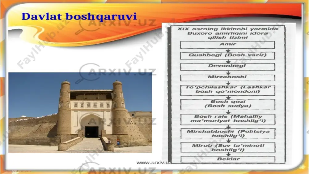 g poytaxti sharqda eng mashhur shahar sifatida e’tirof etilgan buxoroi sharif edi. yirik shaharlardan samarqand, qarshi, shahrisaabz, kitob, g’uzor, termiz, sherobod, hisor, dushanbe, ko’lob va boshqalar amirlik tasarrufida edi. marv va chorjo’y shaharlari uchun buxoro amirligi bilan xiva xonligi o’rtasida, jizzax, o’ratepa va xo’jand shaharlari uchun buxoro amirligi bilan qo’qon xonligi o’rtasida tez-tez urushlar bo’lar, bu shaharlar qo’ldan-qo’lga o’tib turardi. xix asrning birinchi yarmida buxoro amirligida 2 million atrofida aholi istiqomat qilardi. aholining katta qismi amirlikning sersuv vohalarida yashar, jazirama issiq, suvsizlik hukmronlik qiluvchi qizilqum, sahrolari va cho’llari deyarli kimsasiz yastanib yotardi. zarafshon vodiysida 300-350 ming, qashqadaryo vohasida – 500 ming, surxondaryo vohasida – 200 ming, sharqiy buxoroda – 500 ming aholi yashar edi. amirlikning yirik shaharlari – buxoroda – 60 ming, samarqandda – 50 mingga yaqin nufus istiqomat qilardi. aholining aksariyat qismi dehqonchilik, chorvachilik bilan shug’ullangan. sug’oriladigan yerlarda paxta, bug’doy, sholi, jo’xori ekilib, bog’ va poliz mahsulotlari ham yetishtirilgaan. …