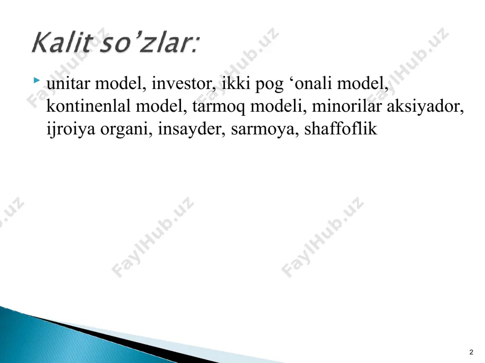 blanadi) uchun kompaniya moliyasi haqida xalqaro buxgalteriya hisobi andozalari bo‘yicha tayyorlangan va mustaqil auditor tekshiruvidan o'tkazilgan axborot ochib berilishi lozim. uchinchi tamoyil — kompaniya mulkining shaffoflik tarkibi menejment bilan bog'liq, 5% dan ortiq aksiyalarga ega bo'lgan aksiyadorlarning atliliangan tarkibi. bunda mulk tarkibini yakuniy mulk egasigacha ochib berish lozim. to ‘rtinchi tamoyil — oddiy aksiyalar «bitta aksiya — bitta ovoz» qoidasi bo‘yicha ovoz beradi. ushbu tamoyilga o‘zbekiston respublikasida rioya qilinadi, aksiyadorlar qabul qilishi lozim bo‘lgan muhim qarorlar doim ham aynan aksiyadorlarni olgan aksiyalari darajasida qabul qilinmaydi. beshinchi tamoyil — direktorlar kengashini kompaniya aksiyadorlari saylaydi. kengash ularning oldida hisobot beradi, shuningdek, mustaqil direktorlar kengashiga kompaniya menejerlari hisoblanmagan shaxslari qamrab oladi. oltinchi tamoyil — korporatsiyada rag‘batlantirish tizimi (ish haqi, mukofotlar, optsionlar va hokazo) aksiyadorlar manfaatlariga javob berishi lozim. bu kompaniya xodimlari yoki uning aksiyadorlari ekanligini yoki kompaniyada aksiyalarni bonus sifatida olishini anglatadi. agar menejerga kompaniyaning ahvoliga bog’liq bo’ladigan qarorlar qabul qilsa, uning ish …