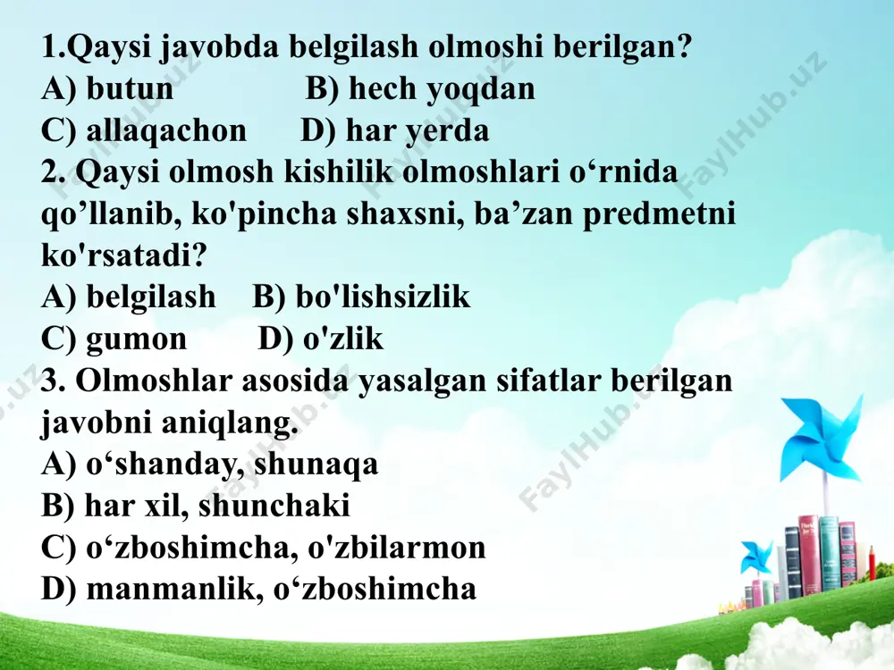 am o’zim ham unchalik yomon bola, emasman. c) olma o’zi pishib, o’zi to‘kildi. d) biz o’z tuprog'imizni ko‘z qorachig’iday asraymiz. nima qilmoq?, nima bo‘lmoq? so‘roqlariga javob bo‘lib, shaxs yoki narsalarning harakat, holatini ifodalagan so‘z turkumi fe’l deyiladi. masalan: mehnat insonda ijodiy kuch uyg‘otadi (tafakkur jurnali). fe’llar nimani atab kelishiga ko‘ra harakat fe’llari va holat fe’llariga bo‘linadi. shaxslarning ichki kechinmalari va narsa- larning bir holatdan ikkinchi holatga o‘tish jarayonini ifodalovchi fe’llar esa holat fe’llari sanaladi. shaxs va narsalarning jismoniy faoliyati natijasida ro‘y bergan harakatni bildiruvchi fe’llar harakat fe’llari hisoblanadi. qizardi, ulg‘aydi, chopdi, gapirdi, kuylamoq, qichqirdi, to‘xtadi, qotmoq, yugurdi, qimirladi, o'smoq, ikkilanmoq. berilgan fe’llarni harakat yoki holatni bildirishiga ko‘ra ikki guruhga: harakat fe’llariga va holat fe’llariga ajrating. berilgan fe’llarni harakat yoki holatni bildirishiga ko‘ra ikki guruhga: harakat fe’llariga va holat fe’llariga ajrating. qizardi, ulg‘aydi, chopdi, gapirdi, kuylamoq, qichqirdi, to‘xtadi, qotmoq, yugurdi, qimirladi, o'smoq, ikkilanmoq. harakat fe'llari: holat fe'llari: chopdi qizardi kuylamoq ulg'aydi …