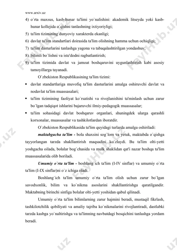 itseyda yoki kasb-hunar kollejida o`qishning yo`nalishini ixtiyoriy ravishda tanlash huquqiga ega. akademik litseylar va kasb-hunar kollejlari egallangan kasb-hunar bo`yicha ishlash huquqini beradigan hamda bunday ish yoki ta'limni navbatdagi bosqichda davom ettirish uchun asos bo`ladigan o`rta maxsus, kasb-hunar ta'limi beradi. akademik litsey o`quvchilarning intellektual qobiliyatlarini jadal o`stirishni, ularning chuqur, tabaqalashtirilgan va kasb-hunarga yo`naltirilgan bilim olishlarini ta'minlaydigan uch yillik o`rta maxsus o`quv yurtidir. kasb-hunar kolleji o`quvchilarning kasb-hunarga moyilligi, mahorat va malakasini chuqur rivojlantirishni, tanlangan kasblar bo`yicha bir yoki bir necha ixtisos olishni ta'minlaydigan uch yillik o`rta kasb-hunar o`quv yurtidir. oliy ta'lim - yuqori malakali mutaxassislar tayyorlashni ta'minladi. oliy ma'lumotli mutaxassislar tayyorlash oliy o`quv yurtlarida (universitetlar, akademiyalar, institutlar va oliy maktabning boshqa ta'lim muassasalarida) o`rta maxsus kasb-hunar ta'limi asosida amalga oshiriladi. oliy ta'lim ikki bosqichga: davlat tomonidan tasdiqlangan namunadagi oliy ma'lumot to`g`risidagi hujjatlar bilan dalillanuvchi bakalavriat va magistraturaga ega. bakalavriat oliy ta'lim yo`nalishlaridan biri bo`yicha puxta bilim beradigan, o`qish muddati kamida to`rt yil …