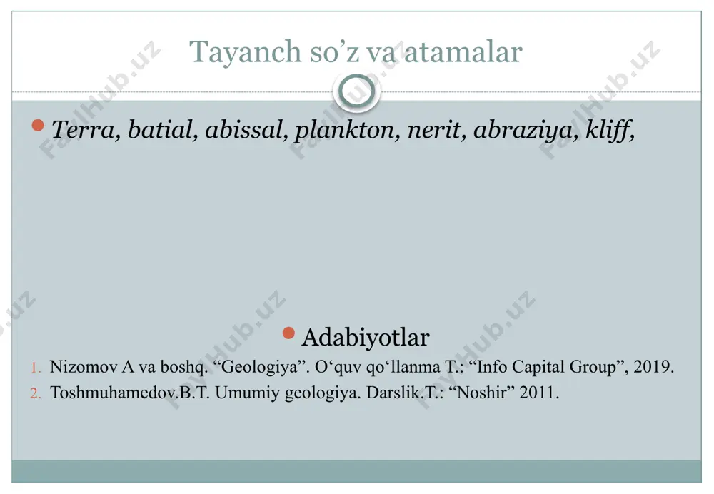 tilida qumloq sohil degan mazmun beradi)lar shakllanadi. okean va dengizlarning yemirish faoliyati: to‘lqin kuchi okeanlar, ochiq dengizlarda ba’zan har kv.m maydonga 38 tonna ga qadar yetish ehtimoli bor. bu ko‘rsatkich ichki dengizlarda bir muncha sust kechib, har kv.m. maydonga 15 tonnaga tushib qolishi mumkin. shunday holatlarda, ba’zan og‘irligi 200 tonnadan ziyod bo‘lgan xarsanglarni ham to‘lqinning zarb kuchi joyidan ko‘zg‘atib yubora oladi. ayniqsa qirg‘oq chizig‘i tiq bo‘lgan sohillarda yemirish intensiv holatda kechadi. okean va dengiz suvining qalqishi: okean va dengiz suvining davriy qalqishi mobaynida ekvator hududlari bo‘ylab eng kuchli harakat sodir bo‘lib, qalqima 2m.ga qadar ko‘tariladi. ekvatordan shimol va janubga borgan sari ushbu harakat tobora susaya boradi. shu tariqa shimoliy muz okeani hududlrida suv yuzasining qalqishi o‘lchami atigi bir necha santimetrlarni tashkil etadi xolos. u o‘z navbatida juda katta hajmdagi yemirish, eltish, to‘plash kabi jarayonlarni bajaradi. bu jarayonlar esa o‘z navbatida katta geologik ahamiyat kasb etadi. okean va dengiz suvining qalqishi: …