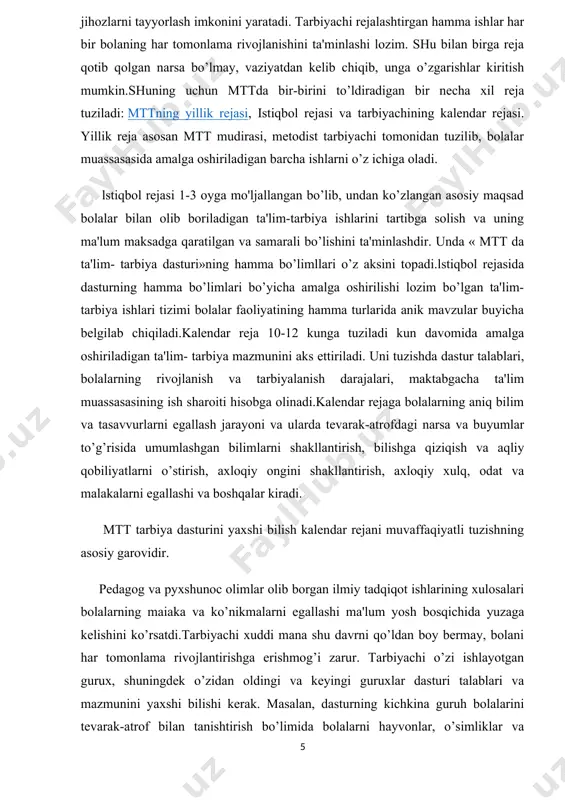 zaga kelishini ko’rsatdi.tarbiyachi xuddi mana shu davrni qo’ldan boy bermay, bolani har tomonlama rivojlantirishga erishmog’i zarur. tarbiyachi o’zi ishlayotgan gurux, shuningdek o’zidan oldingi va keyingi guruxlar dasturi talablari va mazmunini yaxshi bilishi kerak. masalan, dasturning kichkina guruh bolalarini tevarak-atrof bilan tanishtirish bo’limida bolalarni hayvonlar, o’simliklar va shunga o’xshashlar tug’risidagi eng oddiy bilim va tushunchalar bilan tanishtirish vazifasi belgilangan.o’rta guruxda dastur bo’yicha bolalarni tevarak-atrof bilan tanishtirish va narsa- buyumlarga, voqea-xodisalarga nisbatan qiziqishini o’stirish va shu asosda eng oddiy tasavvur va tushunchalar xosil qilish, eng muhimi esa, kuzatuvchanlikni, narsa va buyumlar, voqea-hodisaiar o'rlasidagi o'zaro bog’liqlikni topa bilishga o’rgatish bosh vazifa hisoblanadi. katta va tayyorlov guruxi bolalarini narsa-buyumlar, vokea- hodisalar tug’risidagi xaqiqiy tasavvur va tushunchalarini, ularning tabiiy sabablar bilan bog’lik ekanligini shakllantirish dasturning muxim vazifasidir. maktabgacha tarbiya yoshidagi bolalarga ta'lim-tarbiya berish ishini muvaffaqiyatli amalga oshirish uchun dasturni yaxshi bilishning o’zi etarli emas, shu bilan birga, har bir bolaning shaxsini rivojlantirish yo’llarini yaxshi bilish, …