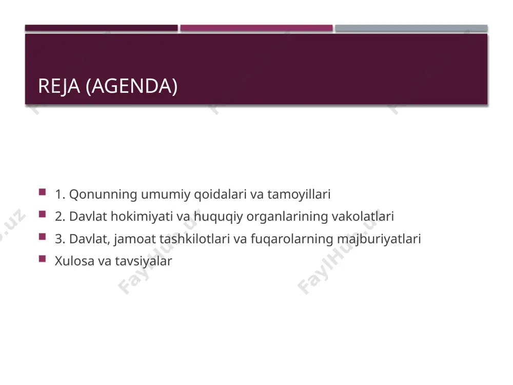 dofaa vazirligi, bosh shtab, prokuratura va sudlar roli 2.1 prezident vakolatlari qurolli kuchlar oliy bosh qo‘mondoni sifatida strategik boshqaruv harbiy holat va safarbarlikni e’lon qilish bo‘yicha tashabbus va qaror mudofaa siyosati konsepsiyasini tasdiqlash oliy kadrlarni tayinlash, unvon berish va mukofotlash 2.2 parlament (oliy majlis) mudofaa sohasidagi qonunlarni qabul qilish va nazorat harbiy holat/safarbarlik qarorlarini tasdiqlash byudjetda mudofaa xarajatlarini tasdiqlash parlament eshituvlari va hisobotlar orqali jamoatchilik nazorati 2.3 vazirlar mahkamasi mudofaa buyurtmasini shakllantirish va ijrosini muvofiqlashtirish resurs taqsimoti, logistika va infratuzilma mas’uliyati favqulodda vaziyatlarda fuqarolik himoyasi boshqaruvi xalqaro hamkorlik bo‘yicha ijro intizomi 2.4 mudofaa vazirligi va bosh shtab jangovar tayyorgarlik, safarbarlik rejalari, kadrlar siyosati qo‘shin turlarini boshqarish, qo‘mondonlik-shtab tizimi harbiy ilmiy tadqiqotlar va standardizatsiya harbiy intizom, xizmatni o‘tash va ijtimoiy ta’minot 2.5 huquqni muhofaza qiluvchi organlar harbiy prokuratura: qonuniylik ustidan nazorat sudlar: harbiy xizmatga doir nizolar, jinoyat ishlari ichki ishlar va milliy gvardiya: jamoat xavfsizligi, maxsus rejim davlat xavfsizlik xizmati: kontrrazvedka …