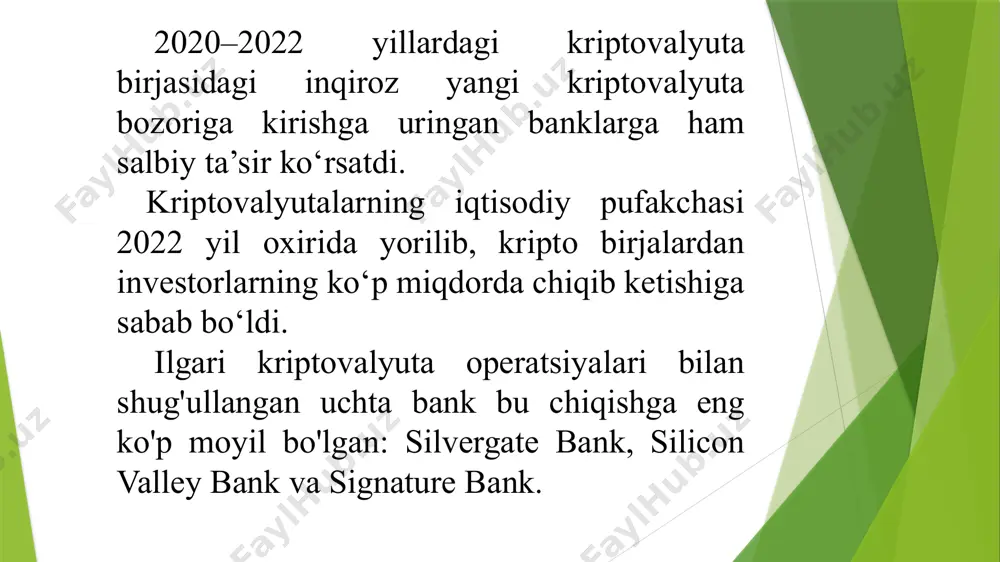 keladi. 1980 yillarda shvetsiyada kredit bozorini liberalizatsiya qilish natijasida kredit spekulyatsiyasi va moliyaviy bozorda narxlarning asossiz oshishi jiddiy bank inqiroziga olib kelgan. bank tizimida inqirozlar vujudga kelishining tashqi iqtisodiy omillariga to‘xtalib o‘tadigan bo‘lsak, 1980 yillar boshlarida rivojlanayotgan mamlakatlarda bank inqirozlari neft va boshqa asosiy eksport tovarlari narxining tushib ketishi bilan bog‘liqdir. shuningdek, bank inqirozlarini keltirib chiqarishda ronald reygan ma’muriyatining qat’iy inflyatsiyaga qarshi siyosati sharoitida g‘arb mamlakatlari tomonidan tashqi qarzlarga xizmat ko‘rsatish bo‘yicha foiz stavka­larining keskin oshishi ham muhim rol o‘ynadi. foiz stavkalarining keskin oshishi va milliy valyutalarning keskin devalvatsiyasi banklar to‘lovga layoqatsizligining kelib chiqishiga sabab bo‘ldi. savdo qoidalarining buzilishi. mazkur holat bank inqirozlarini boshidan kechirgan deyarli barcha mamlakatlarda kuzatildi. eksport tarkibida asosiy o‘rin egallovchi moddalar bo‘yicha narxlarning keskin tushishi eksport qiluvchi korxonalar va ularga xizmat ko‘rsatuvchi banklar faoliyatiga jiddiy salbiy ta’sir ko‘rsatdi. xorijiy investitsiyalarni jalb etishda moliviy bozorlarni libe­ralizatsiyalash. mazkur holatning barcha ijobiy tomonlarini hisobga olgan holda yana shuni ta’kidlash …