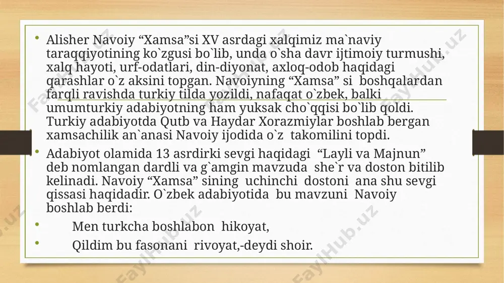 dostoniga javob yozganlarning ism sharifini keltirib o‘tadi5 . bu ijodkorlarning asarlarida qaysning nomi o‘zgartirilgan bo‘lsada, nizomiy ganjaviy an’anasi asosida yozilgan va hamohang yaratilishi odat tusiga aylangan. “layli va majnun” ko‘p asrlik tarixga ega. uning ildizlari, mashhur adabiyotshunos-matnshunos akademik i.krachkovskiy ta’kidlaganidek, vii asrning ikkinchi yarmiga borib taqaladi. “layli va majnun” nomi ostidagi sujet xii asrgacha arab xalq adabiyotida ertak shaklida namoyon bo‘lgan. keyinchalik bu mavzudagi asar bobil (iroq) adabiyotida nomi keltirib o‘tilsa-da, lekin asar haqidagi ma’lumotlar saqlanmagan. yozma shakldagi dostonlarning ko‘pligi hamda asar g‘oyasining yetukligidan dostonlar xususiyatini va kelib chiqish genezisini o‘rganishga doir yevropa adabiyotida xx asr o‘rtalarida yaratilgan tadqiqotlar ham alohida yangilik sifatida vujudga keldi. badiiy adabiyotda bu qissa doston shaklida ilk bor nizomiy ganjaviy tomonidan 1188-yilda vujudga keldi. nizomiy xalq orasida tarqalgan rivoyatlardan ijodiy foydalangan holda “layli va majnun” qissasini g‘oyaviy jihatdan mukammal va badiiy jihatdan yuksak asar darajasiga ko‘tardi. keyinchalik nizomiy an’anasini davom ettirgan bir qancha, sharq adabiyotida, …