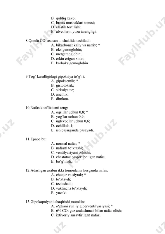 o‘xtaydi; c. tezlashadi; d. vaktincha to‘xtaydi; e. yuzaki. 13. gipokapniyani chaqirishi mumkin: a. o‘pkani sun’iy giperventilyasiyasi; * b. 6% co2 gaz aralashmasi bilan nafas olish; c. ixtiyoriy susaytirilgan nafas; d. asfiksiya; e. nafasni to‘xtashi. 14. natriy ko‘p qismi reabsorbsiyalanadi: a. genle qovuzlog‘ining ko‘tariluvchi qismida; * b. yig‘uv naychalarida; c. distal buralma kanalchalarda; d. genle qovuzlog‘ini tushuvchi qismida; e. proksimal buralma kanalchalard 15. diurez kuchayadi: a. adg ishlanishi kamayganda; * b. gipertonik eritmalar kuyilganda; c. vazopressinning sekretsiyasi oshganda; d. aldosteron ortiqchaligida; e. to‘g‘ri javob yo‘q. 16. nefron koptokchalarida filtratsion bosimning o‘rtacha miqdori (mm.sim.ust): a. 20; * b. 50; c. 70; d. 100; e. 120. 17. buyrakni gomeostatik funksiyasiga xos emas: a. eritropoezda ishtirok etish; * b. metabolizmda ishtirok etish; c. prostoglandinlarni ishlab chiqarish; d. qonni phni boshqarish; e. limfopoezd. 18. buyrakda ishlanmaydi: a. plazminogen; * b. renin; c. urokinaza; d. eritropoetinlar; e. medulin. 19. aktiv issiqlik ishlab chiqaradigan organlar: a. mushaklar; …
