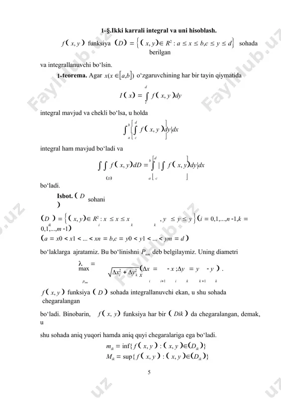 rilgan va integrallanuvchi bo‘lsin. agar y( y a,b) o‘zgaruvchining har bir tayin qiymatida  2 x i  y    1 x f  x, y dx integral mavjud bo‘lsa, u holda ushbu d  2 x     f  x, y dxdy c   x   1  integral ham mavjud bo‘ladi va d  2 x   f  x, ydd     f  x, y dxdy d c   x   1  bo‘ladi. 2- §.ikki karrali integrallarning ba‘zi bir tatbiqlari 1) jismning hajmi va uni ikki karrali integral orqali ifodalanishi. r3 fazoda biror chegaralangan v  jismni qaraylik. bu v  jismning ichiga ( a) ko‘pyoqlar joylashgan, o‘z navbatida v  jism esa (b) ko‘pyoqlar ichida joylashgan bo‘lsin. ( a) ko‘pyoqlar hajmlarini va bilan, (b) ko‘pyoqlar hajmlarini vb bilan belgilaylik. biz ko‘pyoqlarning hajmlari …