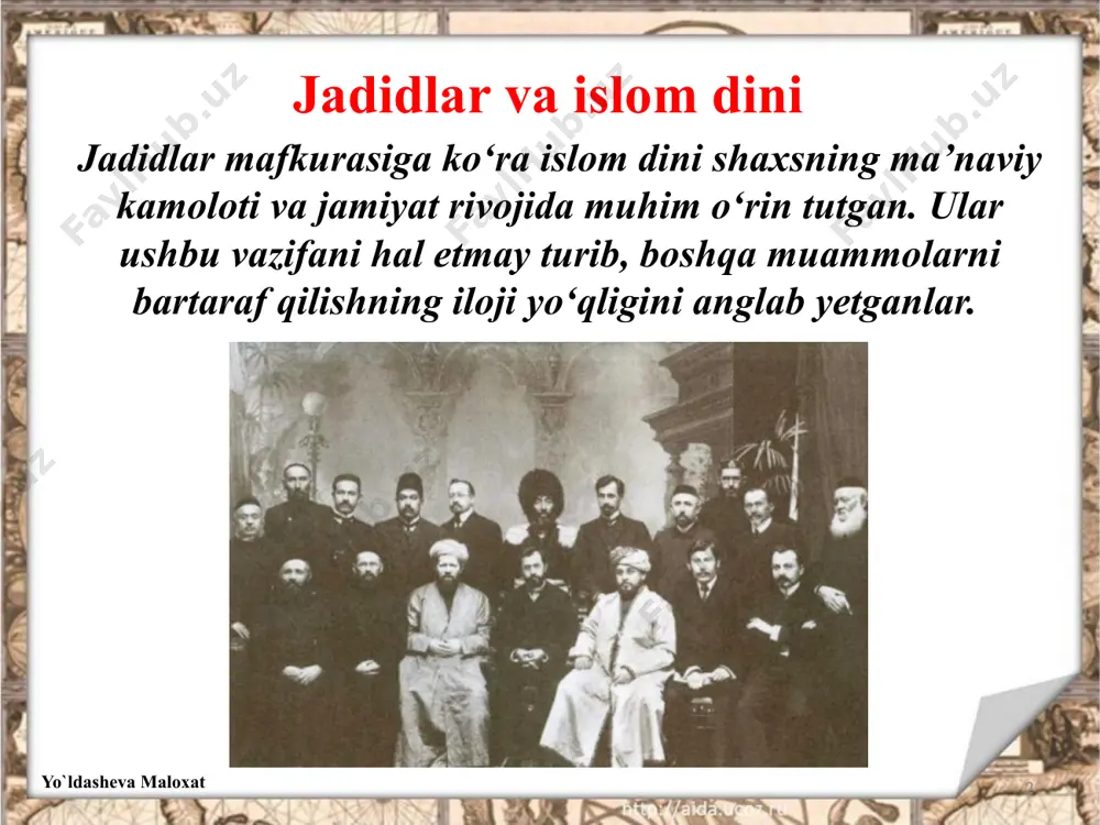 lkani ijtimoiy-iqtisodiy rivojlantirish borasida ham o‘ziga xos qarashlarga ega edi. 8 taraqqiyparvarlar o‘z faoliyatlari davomida o‘lka xalqlarining ijtimoiy hayoti, turmush tarzi, kasbkori, shart-sharoitlaridan xabardor bo‘lganlar. yo`ldasheva maloxat jadidlar ko‘plab yoshlarni rivojlangan xorijiy davlatlarga, jumladan, germaniyaga o‘qishga yuborish, u yerda ular tahsil olib kelib, yurt va millat uchun xizmat qilishi g‘oyalarini ilgari surdi. 9 yangi usul maktabi o‘quvchilari (markazda abduqodir shakuriy) ularning sa’y-harakatlari bilan mahalliy aholi tomonidan yoshlarning xorijda o‘qib kelishiga ketadigan xarajatlari uchun mablag‘lar yig‘ildi. yo`ldasheva maloxat turkiston taraqqiyparvarlaridan biri, tosh kentning «qor yog‘di» mahallasidan bo‘lgan asadullaxo‘ja o‘g‘li ubaydullaxo‘ja rossiyada huquqshunoslik sohasi bo‘yicha ta’limolib, birinchi oliy ma’lumotli o‘zbekadvokati bo‘ldi. 08.12.2024 10 asadullaxo‘ja o‘g‘li ubaydullaxo‘ja turkiston taraqqiyparvarlari xx asrning boshlaridagi dunyoda ro‘y bergan siyosiy jarayonlarni diqqat bilan kuzatib bordilar. bu davrda xorijdagi siyosiy partiyalarning dasturlarini tahlil qildilar. 11 yo`ldasheva maloxat 1917-yildagi rossiya fevral voqealari arafasida turkiston jadidchiligi kuchli siyosiy harakatga aylandi. birinchi jahon urushidan keyin jadidlar parlamentar monarxiya uchun kurashgan bo‘lsalar, …