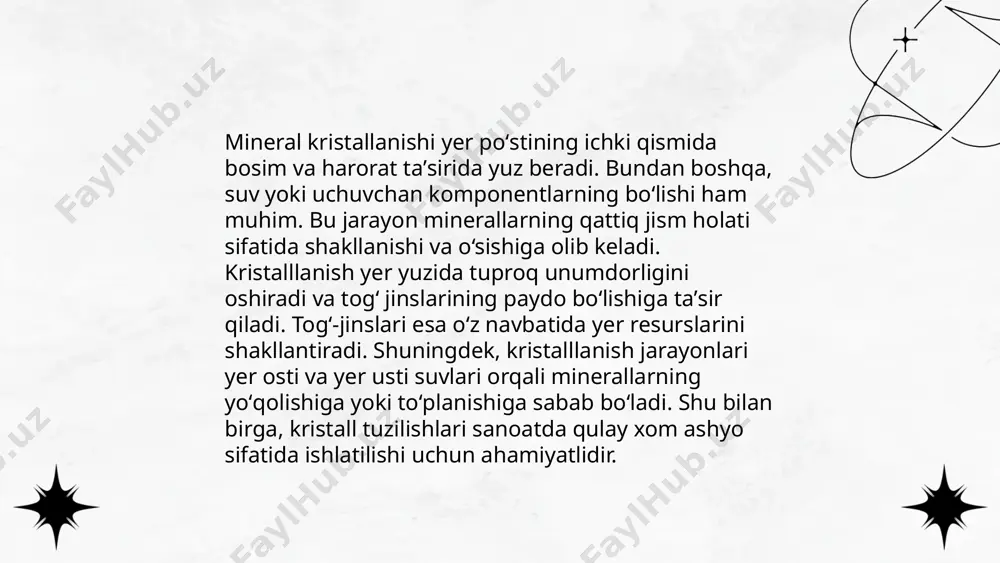 tashkil etishi mumkin. bu jarayon infrastruktura uchun xavf tug'dirishi mumkin, ayniqsa bino va ko'priklar uchun. monitoring va inshootlarni mustahkamlash orqali bu xavflarni kamaytirish mumkin. ... t.me/slaydai_bot vulkanik faoliyat va portlashlar yerning ichki qatlamlarida sodir bo'ladigan jarayonlar natijasida yuzaga keladi. vulkanlar orqali magma, gaz va kul chiqariladi. vulkanlarning 60% tinch okeani olov halqasida joylashgan. har yili dunyo bo'ylab 50-70 ga yaqin vulkan aktivlashadi. eng kuchli vulkanik portlashlar vei (volcanic explosivity index) o'lchovida 7 yoki 8 ballga baholanadi. 1883 yilda krakatau vulqonining portlashi 36 000 kishining hayotiga zomin bo'lgan va asrlar davomida unutilmaydigan hodisa bo'lgan. 1815 yilda tamobora vulqonining portlashi esa 71 000 dan ortiq odamning halok bo'lishiga sabab bo'lgan. yiliga o'rtacha 500 million tonna vulkanik kul atmosferaga chiqadi. ... t.me/slaydai_bot 13. tektonik harakatlar va g'ovaklik tektonik harakatlar yer po‘stining harakatlanishi natijasida yuzaga keladi. bu harakatlar yer qabatlarini bir-biriga yaqinlashtirishi yoki uzoqlashtirishi mumkin. g'ovaklik bu minerallarning jinslarda joylashish darajasini bildiradi. yer po‘sti …
