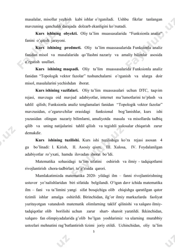 ing bosh vaziri raisligida fan va texnalogiyalar bo’yicha respublika kengashi tashkil etildi. shu bilan birga, sohada yechimini topmagan qator masalalar matematika sohasidagi ta’lim sifati va ilmiy- taqiqot samaradorligini oshirishga qaratilgan chora- tadbirlarni amalga oshirish zaruratini ko’rsatmoqda. jumladan, birinchida, matematika ta’limotining ta’lim olish bosqichlari o’rtasidagi uzviylik to’liq ta’minlanmagan; ikkinchidan, umumta’lim maktablarida matematika darsliklari o’quvchilarning yoshiga nisbatan fanni o’zlashtirish qiyinlashtiruvchi murakkab masalalardan iborat va boshqa fanlarda o’tiladigan mavzular bilan uyg’unlashtirilmagan; uchinchidan, matematikaga qiziquvchan, xalqaro olimpiadalar g’oliblari bo’lgan aksariyat iqtidorli yoshlarimiz hududlardan bo’lishiga qaramasdan ularning kelgusi rivojlanishi uchun oliy ta’lim va ilm- fan sohasida zarur shart – sharoit yaratib berilmagan; to’rtinchidan, matematika sohasidagi ilmiy- tadqiqotning amaliyot va ishlab chiqarish bilan bog’liqligi zaifligicha saqlanib qolmoqda; beshinchidan, sohadagi olimlarning xorijiy ilmiy va ta’lim muassasalari bilan aloqalari milliy matematikani jahon miqyosiga olib chiqish, xalqaro hamjamiyatda nufuzini oshirish uchun yetarli emas. ta’limning barcha bosqichlarida matematika fanini o’qitish tizimini yanada takomillashtirish, pedagoklarning samarali mehnatini qo’lla- quvvatlash, ilmiy- tadqiqot …