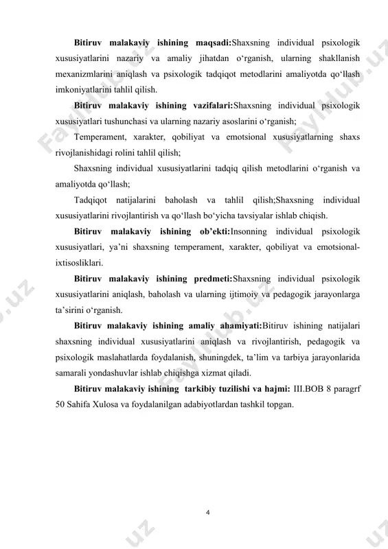 tlarda shaxsga mos yondashuvlarni ishlab chiqishga imkon yaratadi. tadqiqotlar shuni ko‘rsatadiki, har bir insonning individual xususiyatlari uning xulq-atvori va psixologik barqarorligini belgilashda muhim ahamiyatga ega bo‘lib, ularni aniqlash va baholash metodlari psixodiagnostika va psixologik maslahat faoliyatida keng qo‘llaniladi.[footnoteref:1] [1: islomova, m. psixologiya asoslari. toshkent, 2012] shunday qilib, individual xususiyatlar tushunchasi insonning o‘ziga xosligini anglash, uning shaxsiy va ijtimoiy faoliyatini samarali tashkil etish, shuningdek, shaxs rivojlanishini nazorat qilish va qo‘llab-quvvatlashda nazariy asos vazifasini bajaradi. shaxsning individual psixologik xususiyatlari – bu har bir insonga xos bo‘lgan, uni boshqa shaxslardan ajratib turadigan psixologik xususiyatlar majmui bo‘lib, insonning ichki dunyosi, xulq-atvori, qobiliyatlari, emotsional va ijtimoiy munosabatlari bilan chambarchas bog‘liqdir. ushbu xususiyatlar insonning o‘ziga xosligini ta’minlab, uning hayot faoliyati va ijtimoiy muhitga moslashuvini belgilaydi. psixologik tadqiqotlarda individual xususiyatlar tushunchasi ko‘plab nazariy maktablar va yondashuvlarda turlicha talqin etiladi. masalan, temperament va xarakter asosida yondashuvlar shaxsni uning hissiy va irodaviy xususiyatlariga qarab tahlil qilsa, kognitiv yondashuvlar insonning …