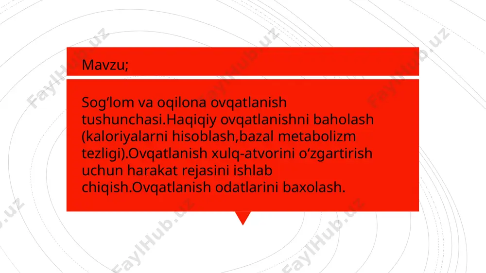 anish kundaligi yuriting – 3-7 kun davomida nima, qachon va qancha iste’mol qilganingizni yozib boring. ✅ noto‘g‘ri odatlarni aniqlang – ortiqcha shakar iste’moli, tez-tez gazlangan ichimliklar ichish, kechki payt haddan tashqari ovqatlanish kabi odatlarni baholang. ✅ ochlik va emotsional ovqatlanish o‘rtasidagi farqni tushuning – ochlik tufayli yoki stress, zerikish sababli ovqatlanishingizni kuzating. 2.oziq-ovqat tanlovini yaxshilash ✅ ratsionni oqsillar, foydali yog‘lar, murakkab uglevodlar, vitaminlar va minerallar bilan boyitish. ✅ nosog‘lom mahsulotlarni foydalilari bilan almashtirish: shirin ichimliklar o‘rniga oddiy suv yoki o‘simlik choylari tez tayyorlanadigan ovqatlar o‘rniga uyda tayyorlangan taomlar oddiy non o‘rniga butun donli non shakar o‘rniga asal yoki mevalar 3. tartibli ovqatlanish rejimini yo‘lga qo‘yish ✅ kuniga 3-5 mahal ovqatlanish – ortiqcha ochlik va haddan tashqari yeyishning oldini olish. ✅ kechki payt og‘ir ovqat iste’molini kamaytirish – so‘nggi ovqatlanish uyqudan 2-3 soat oldin bo‘lishi lozim. ✅ sekin va ongli ovqatlanish – har bir luqmani yaxshilab chaynash va to‘qlik hissini his …